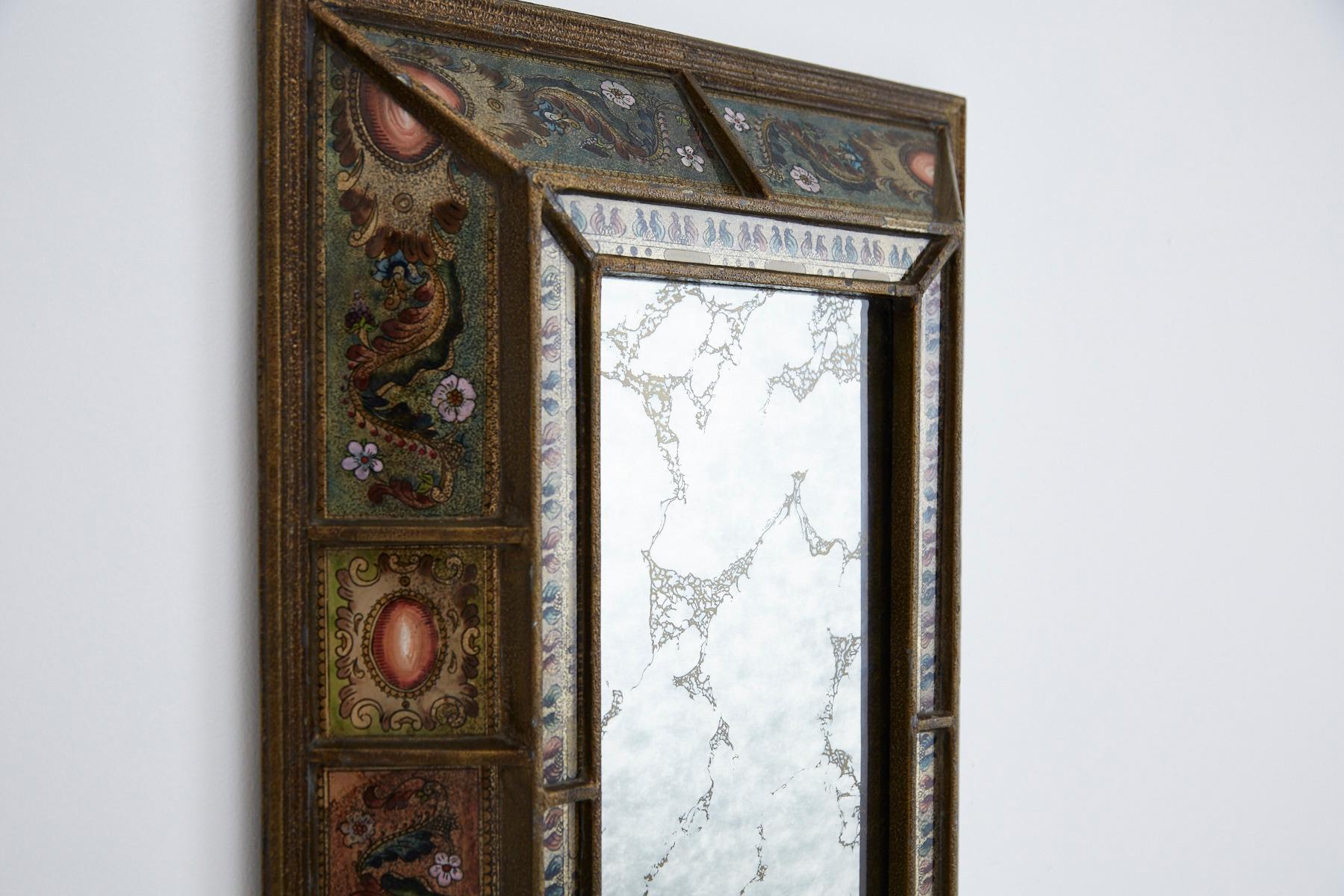 Mirrored glass panels, hand-painted with decorative floral motifs, are inset into a golden wood frame with antiquing. Central mirror with stylized smoking and cracking.