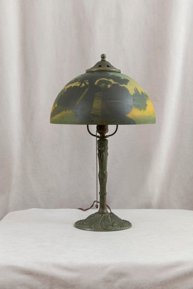 Reverse Painted Phoenix Table Lamp, Shade Signed, All Original, ca