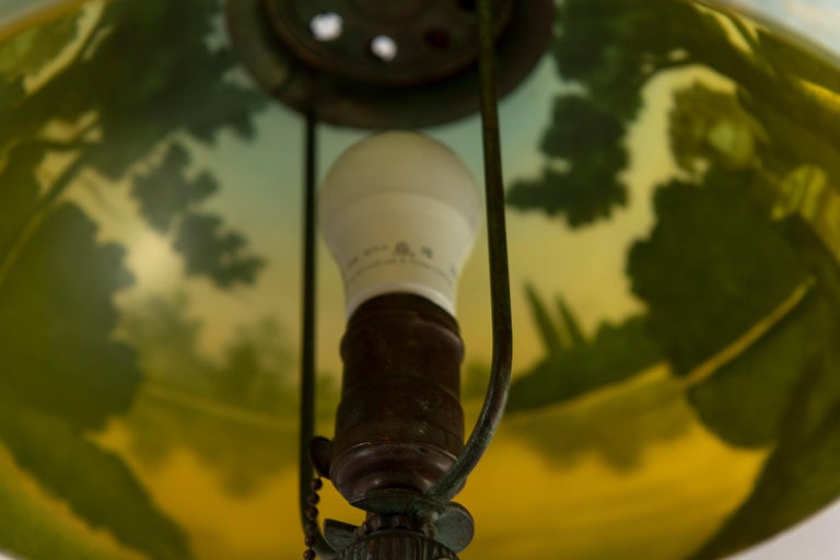 Reverse Painted Phoenix Table Lamp, Shade Signed, All Original, ca