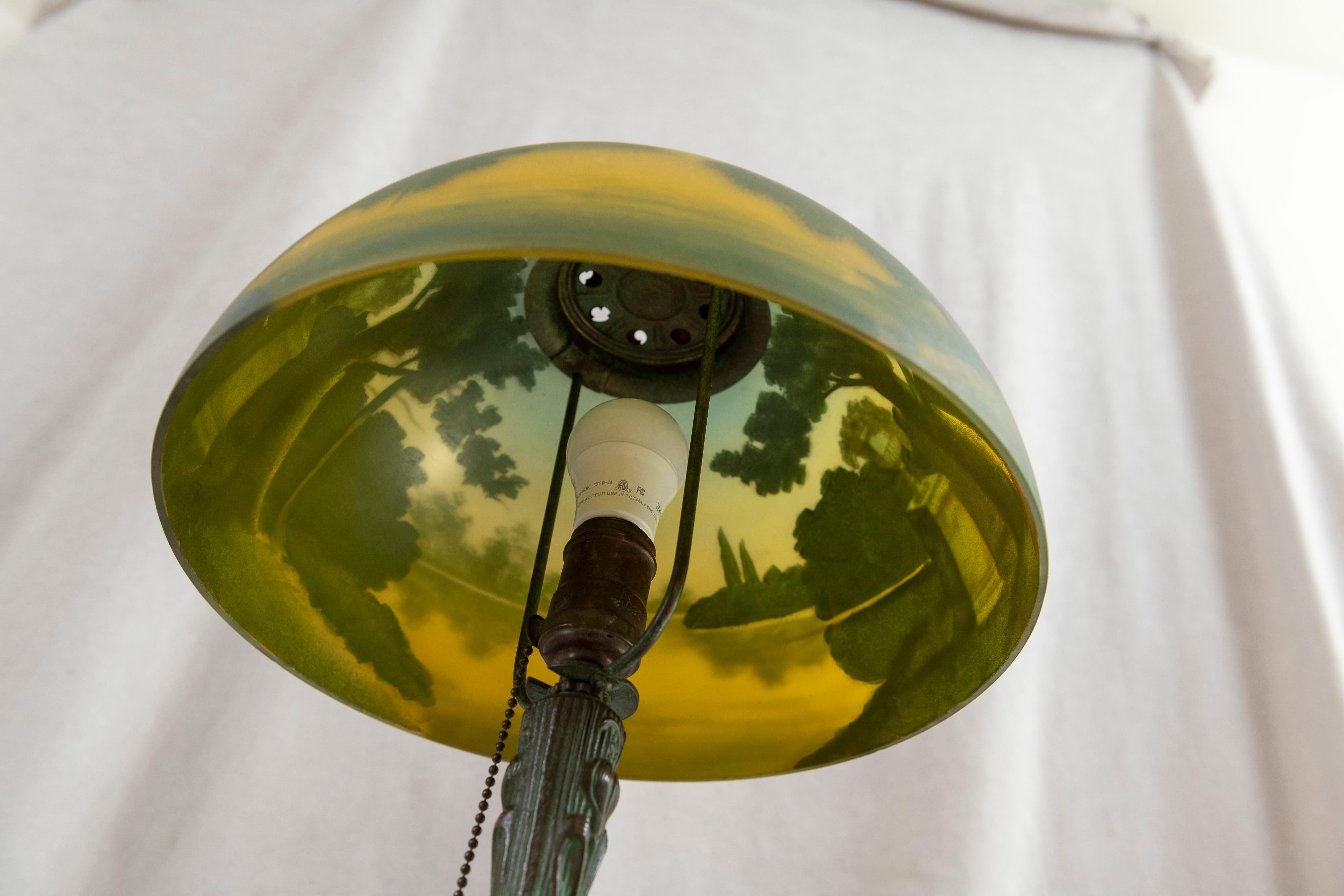 American Reverse Painted Phoenix Table Lamp, Shade Signed, All Original, ca. 1920's