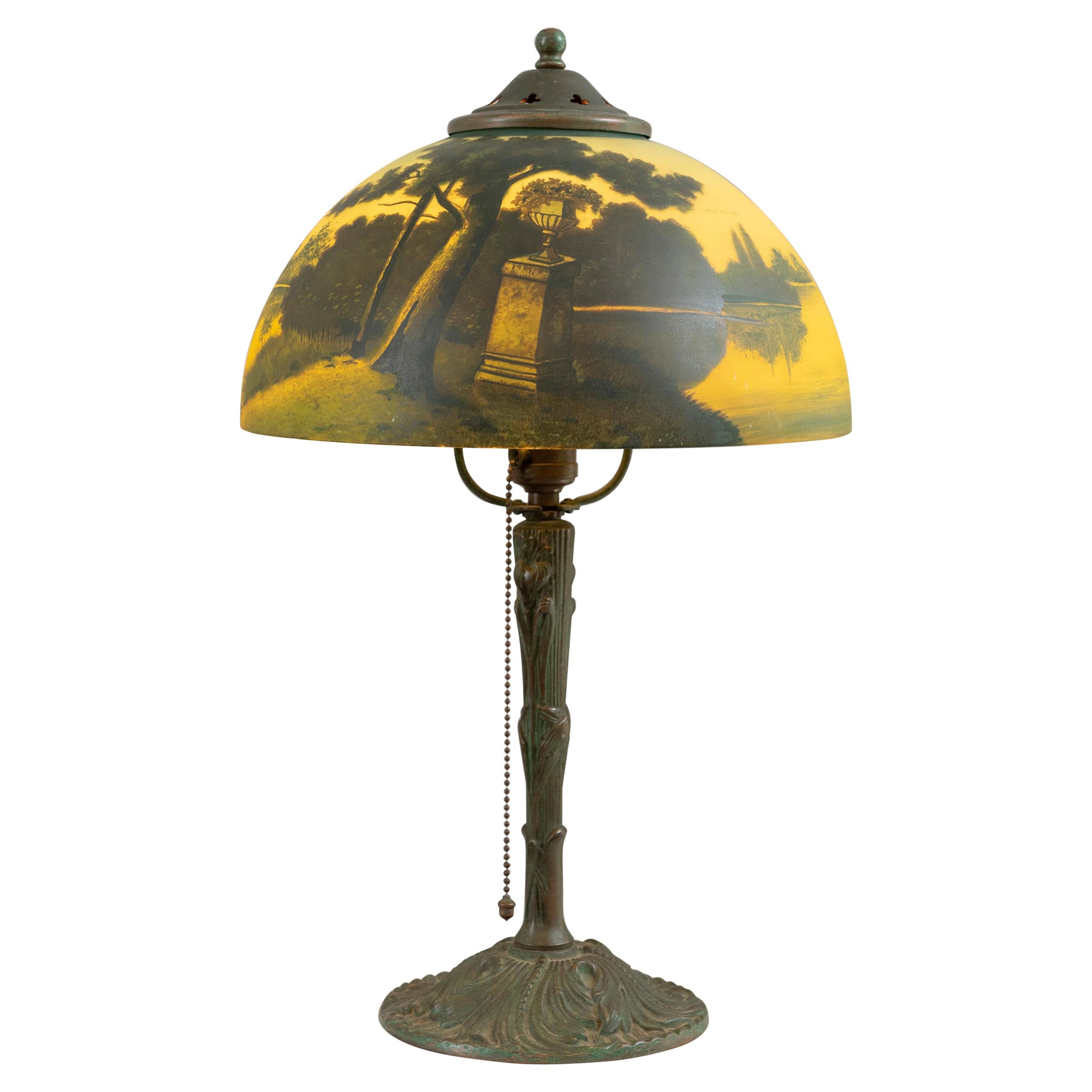 Reverse Painted Phoenix Table Lamp, Shade Signed, All Original, ca. 1920's