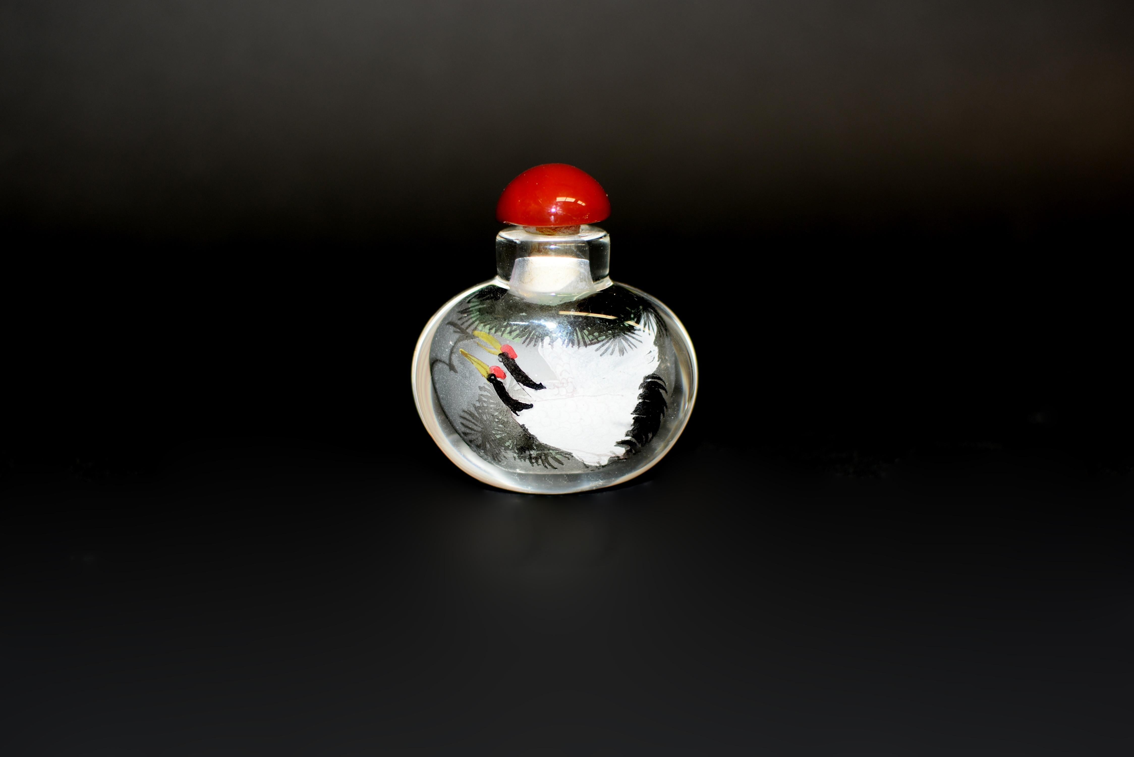 Agate Reverse Painted Snuff Bottle with Crane For Sale