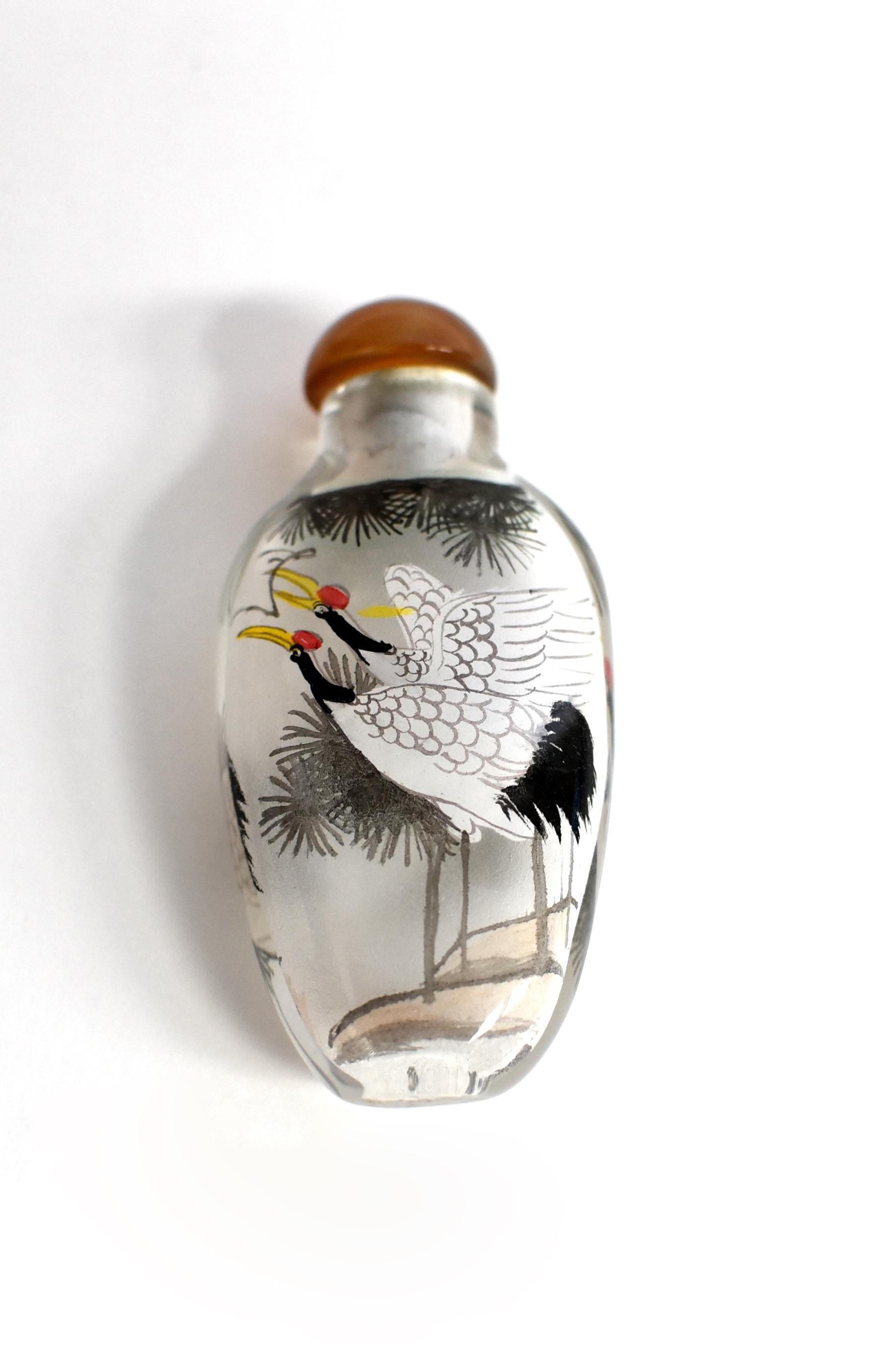 Reverse Painted Snuff Bottle with Crane Tall Bottle In Excellent Condition In Somis, CA