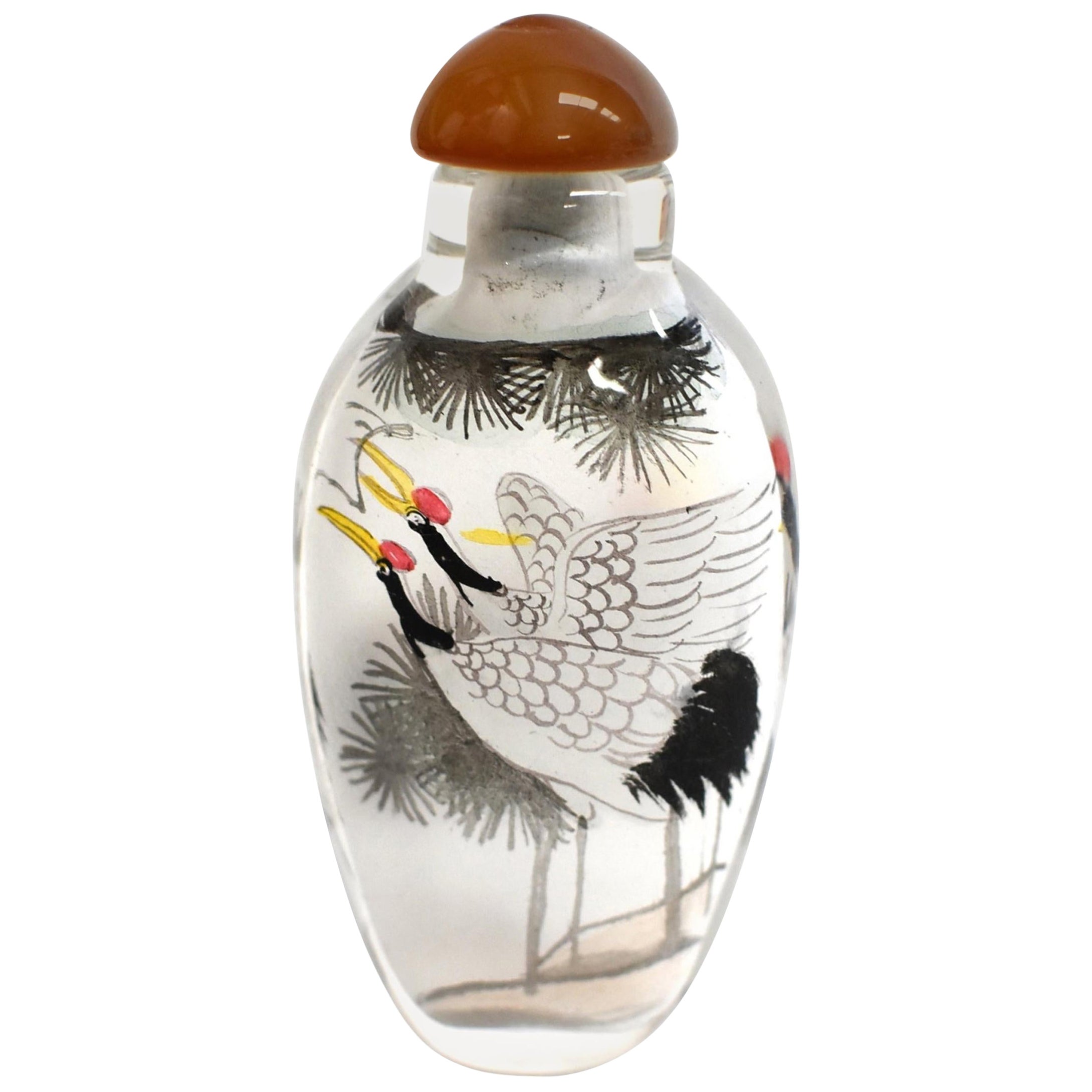 Reverse Painted Snuff Bottle with Crane Tall Bottle