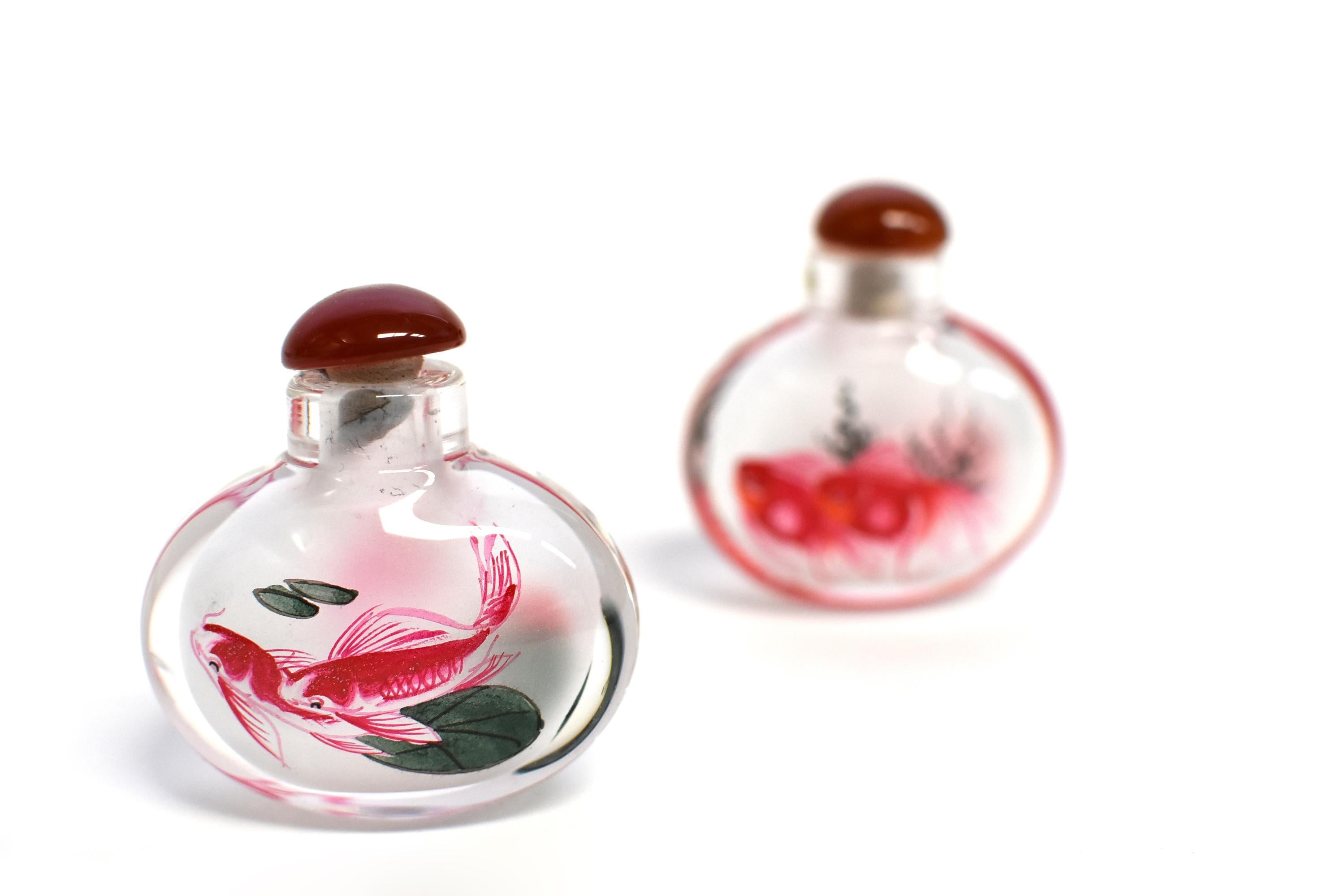 Chinese Reverse Painted 2 Snuff Bottles with Fish