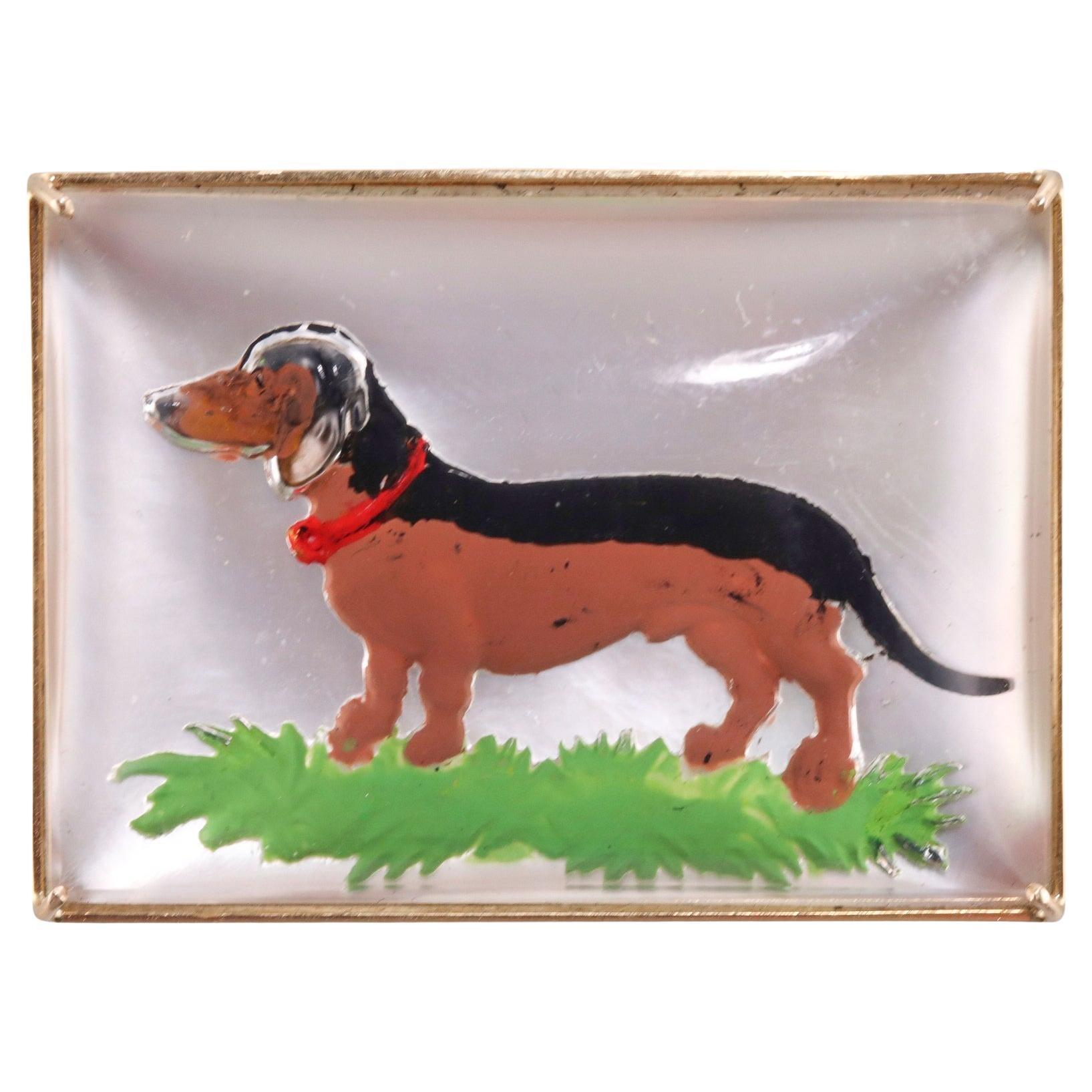 Reverse Painting Crystal Mother of Pearl Dachshund Dog Gold Brooch For Sale