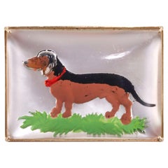 Reverse Painting Crystal Mother of Pearl Dachshund Dog Gold Brooch