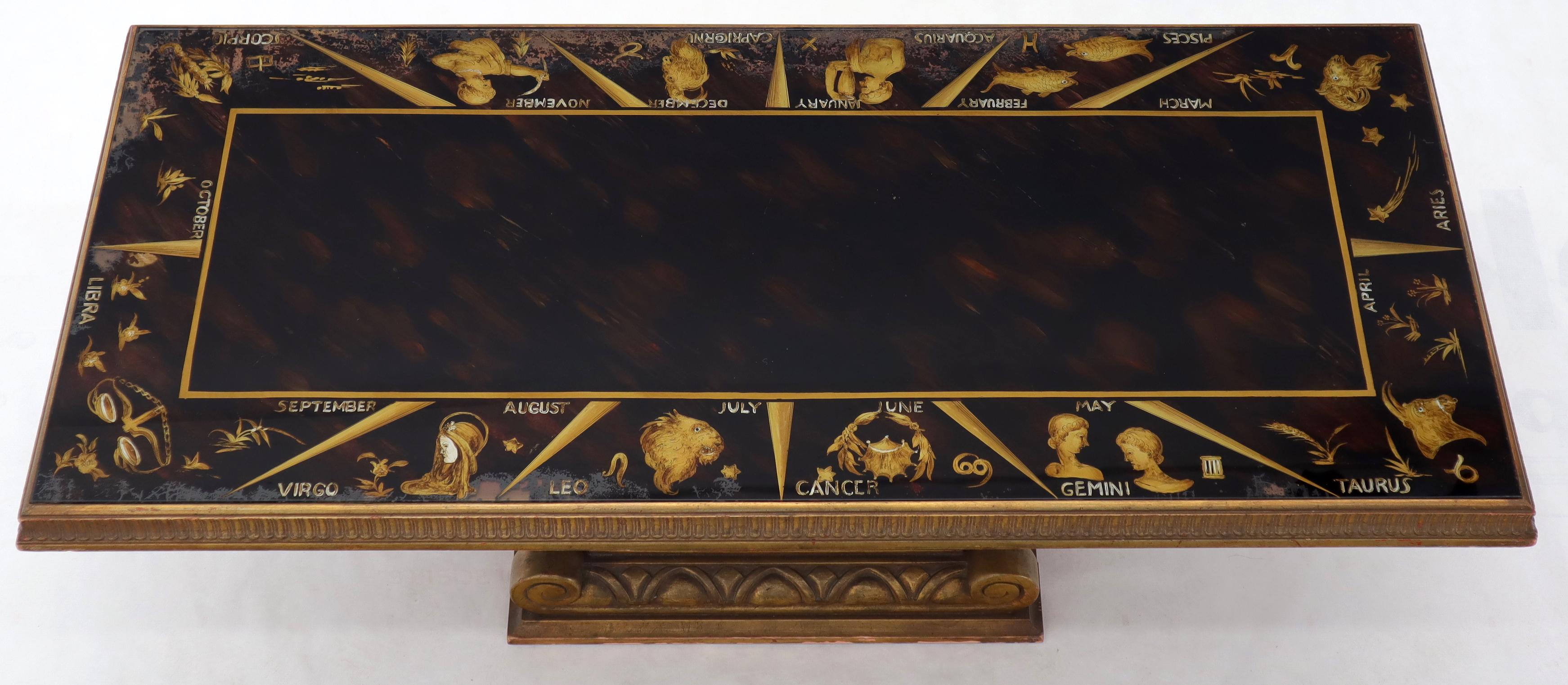 Art Deco Reverse Painting Glass Top Colomn Pedestal Shape Base Gold Gilt Coffee Table For Sale