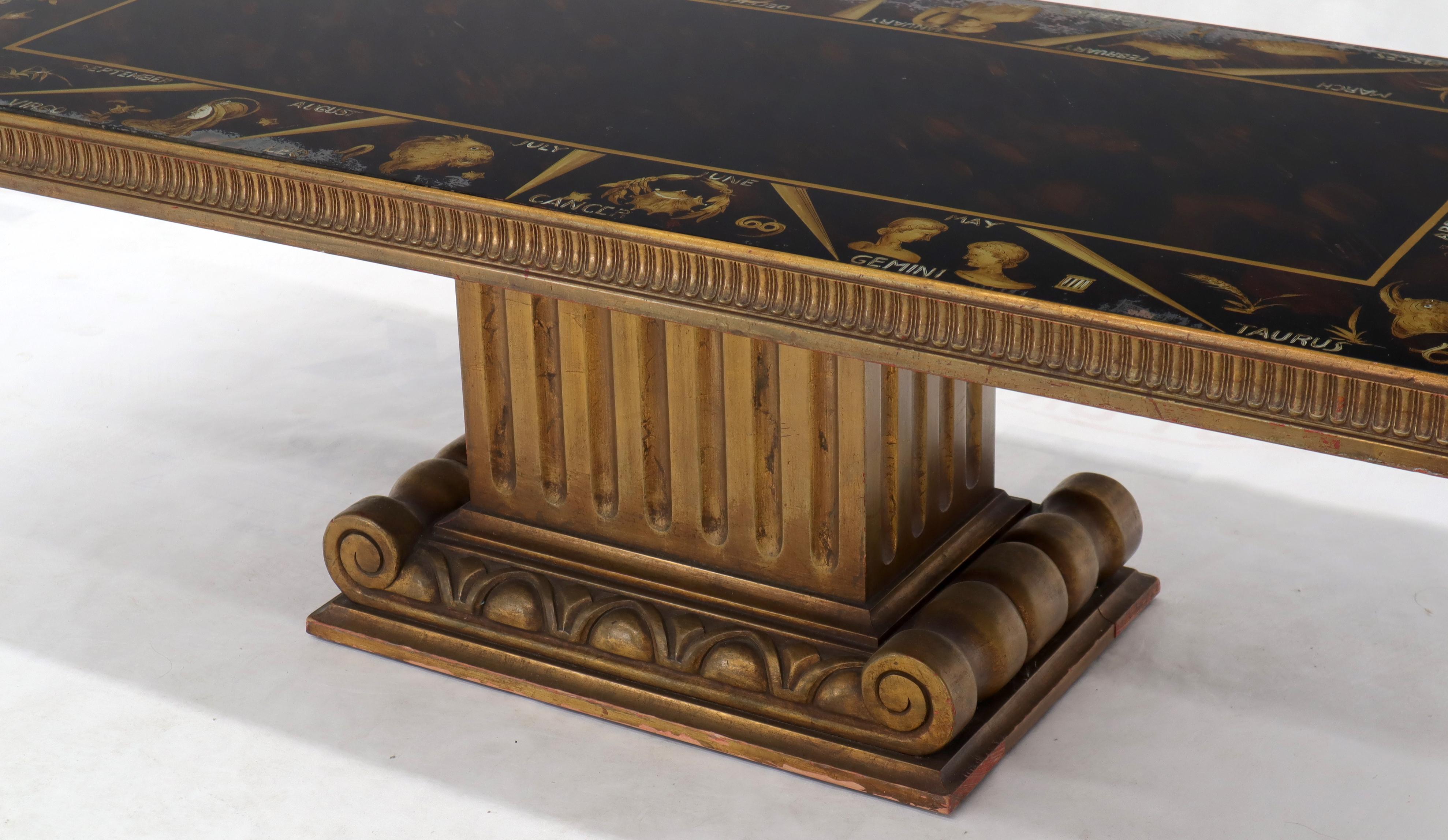 Carved Reverse Painting Glass Top Colomn Pedestal Shape Base Gold Gilt Coffee Table For Sale