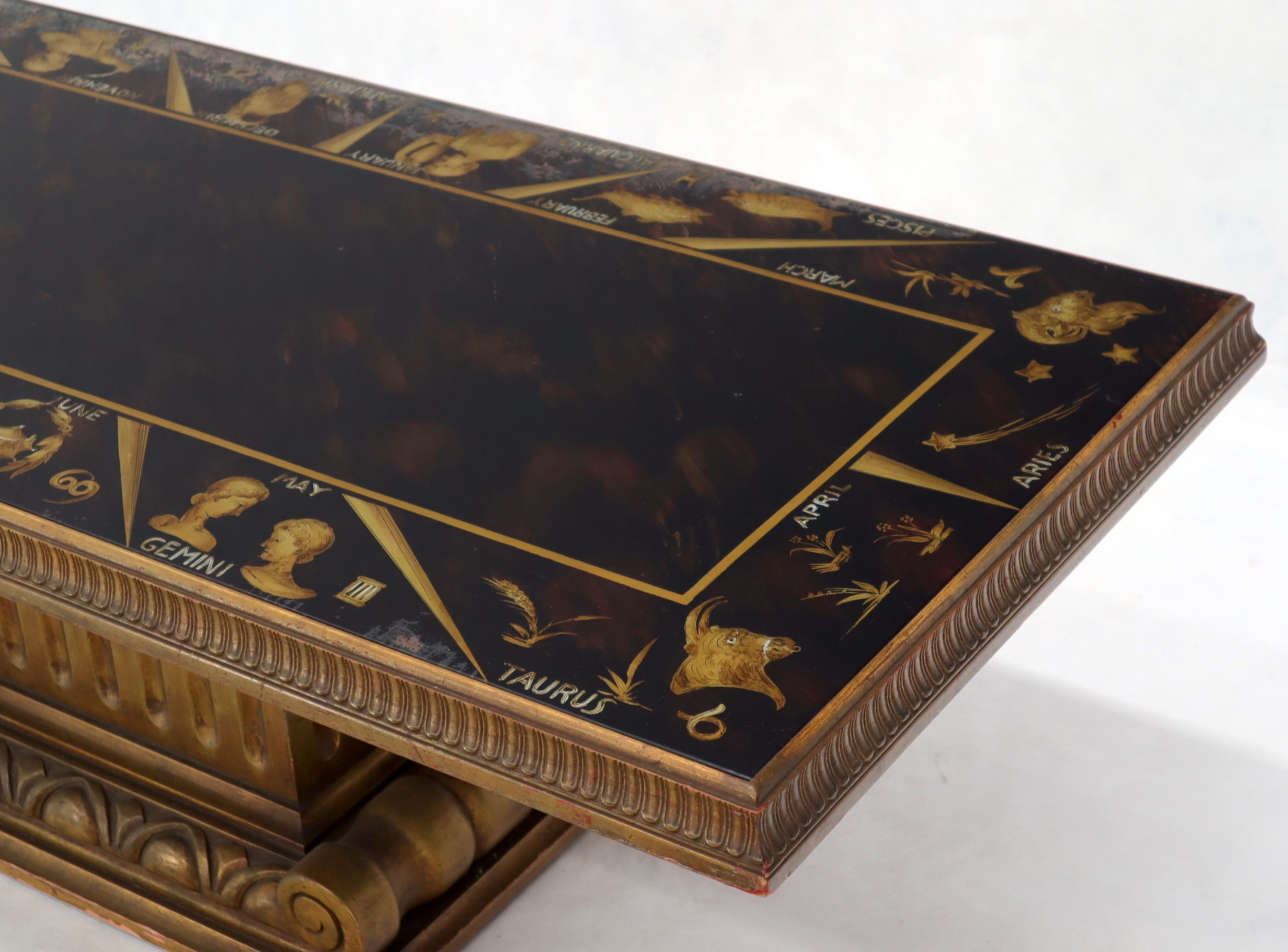 20th Century Reverse Painting Glass Top Colomn Pedestal Shape Base Gold Gilt Coffee Table For Sale