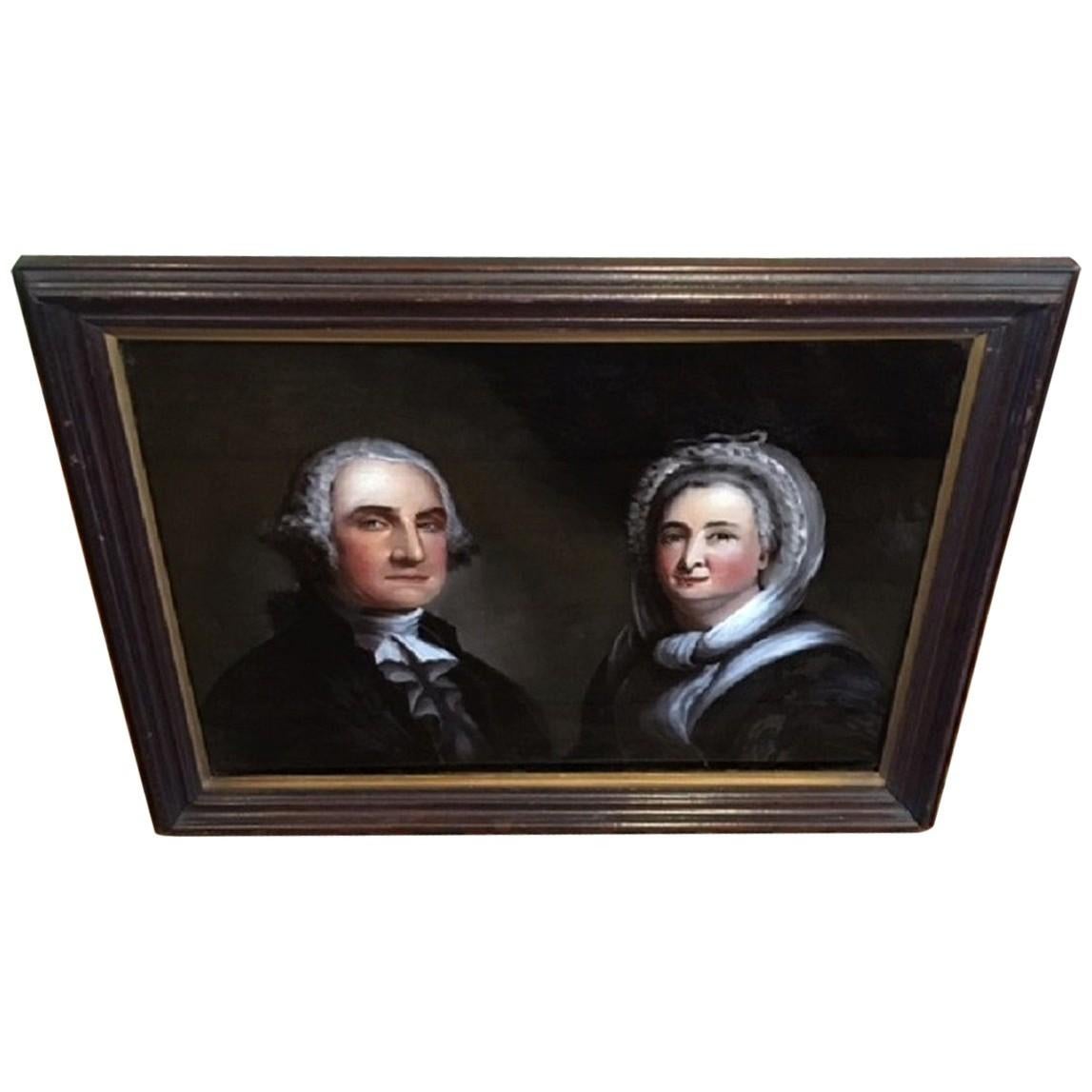 Peinture à l'envers sur verre de George et Martha Washington par W. M. Prior en vente