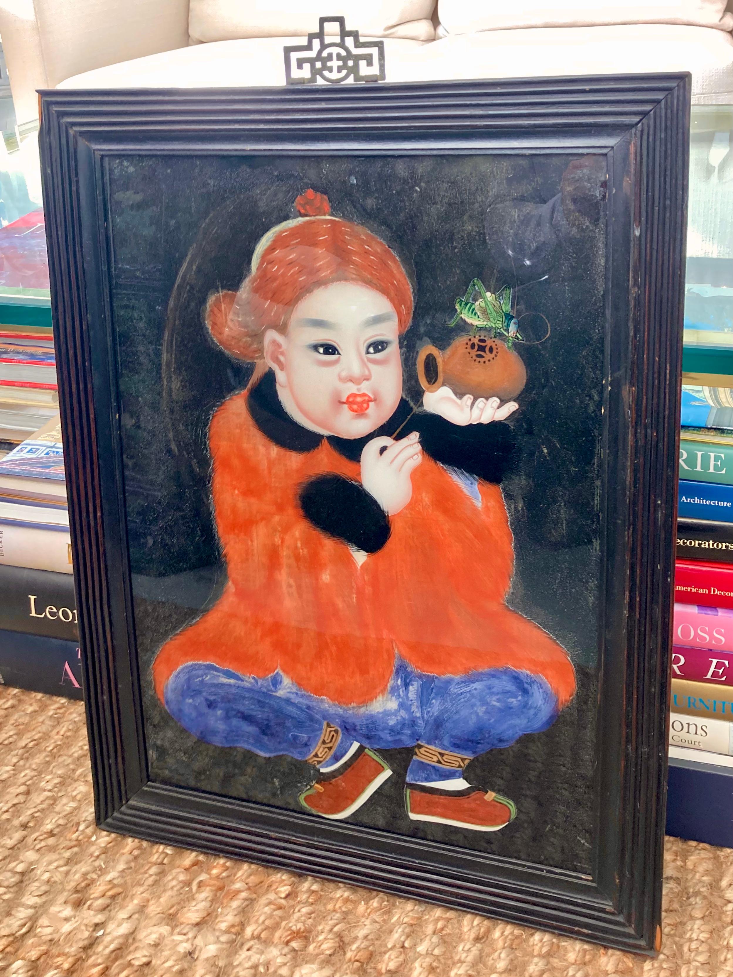 Chinese Reverse Painting on Glass of Young Asian Boy For Sale