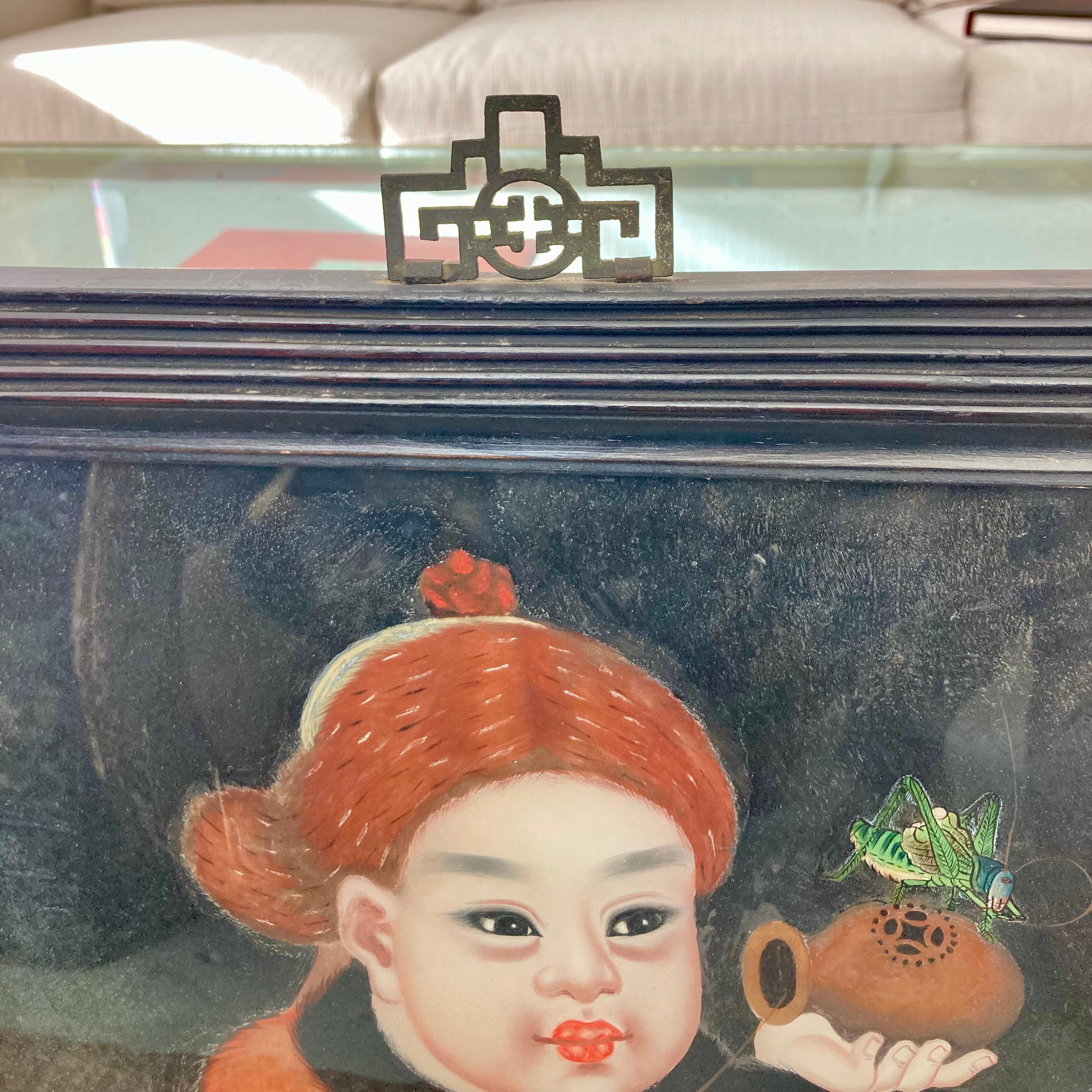 Reverse Painting on Glass of Young Asian Boy In Good Condition For Sale In Los Angeles, CA
