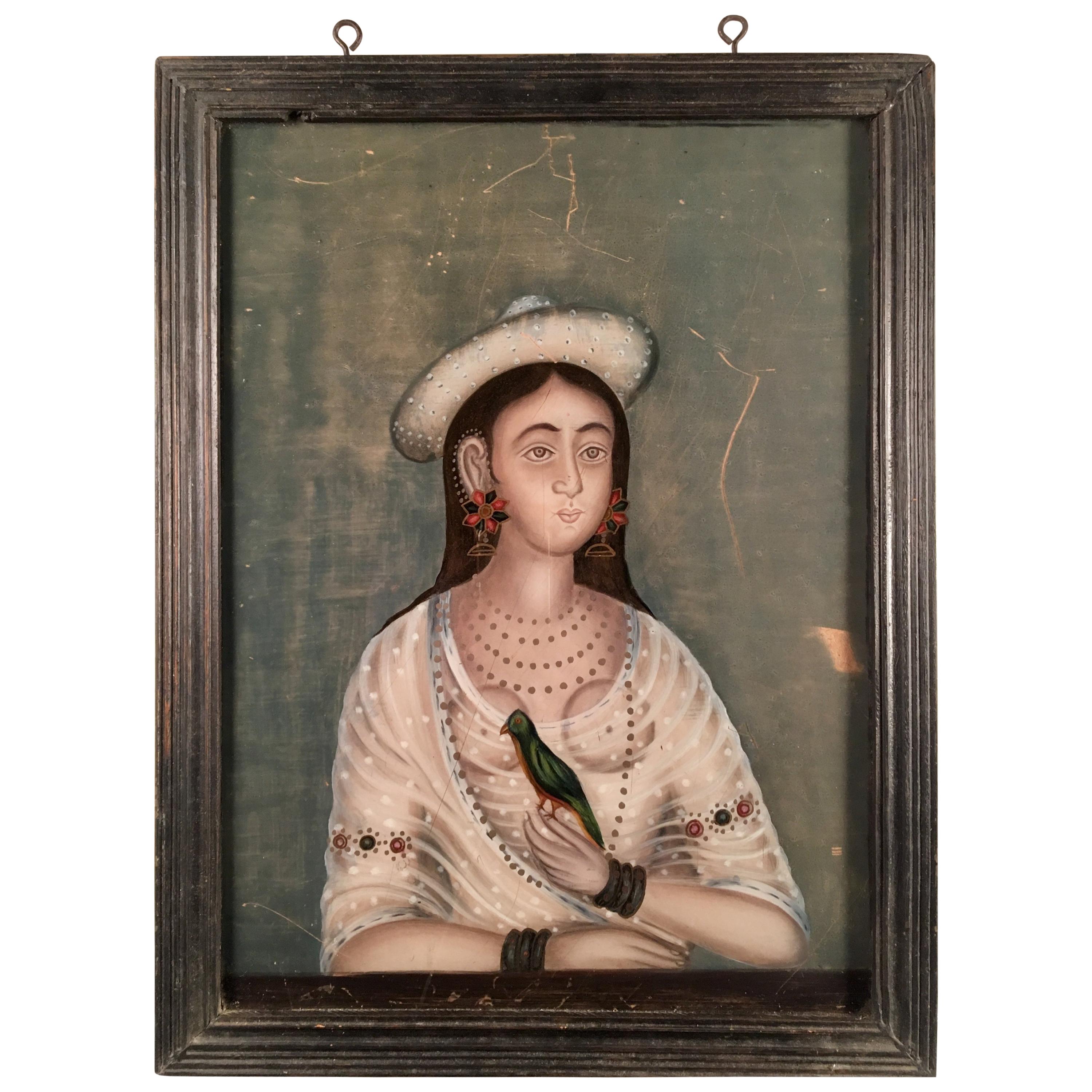Reverse Painting on Glass, Portrait of a Woman, India, 19th Century