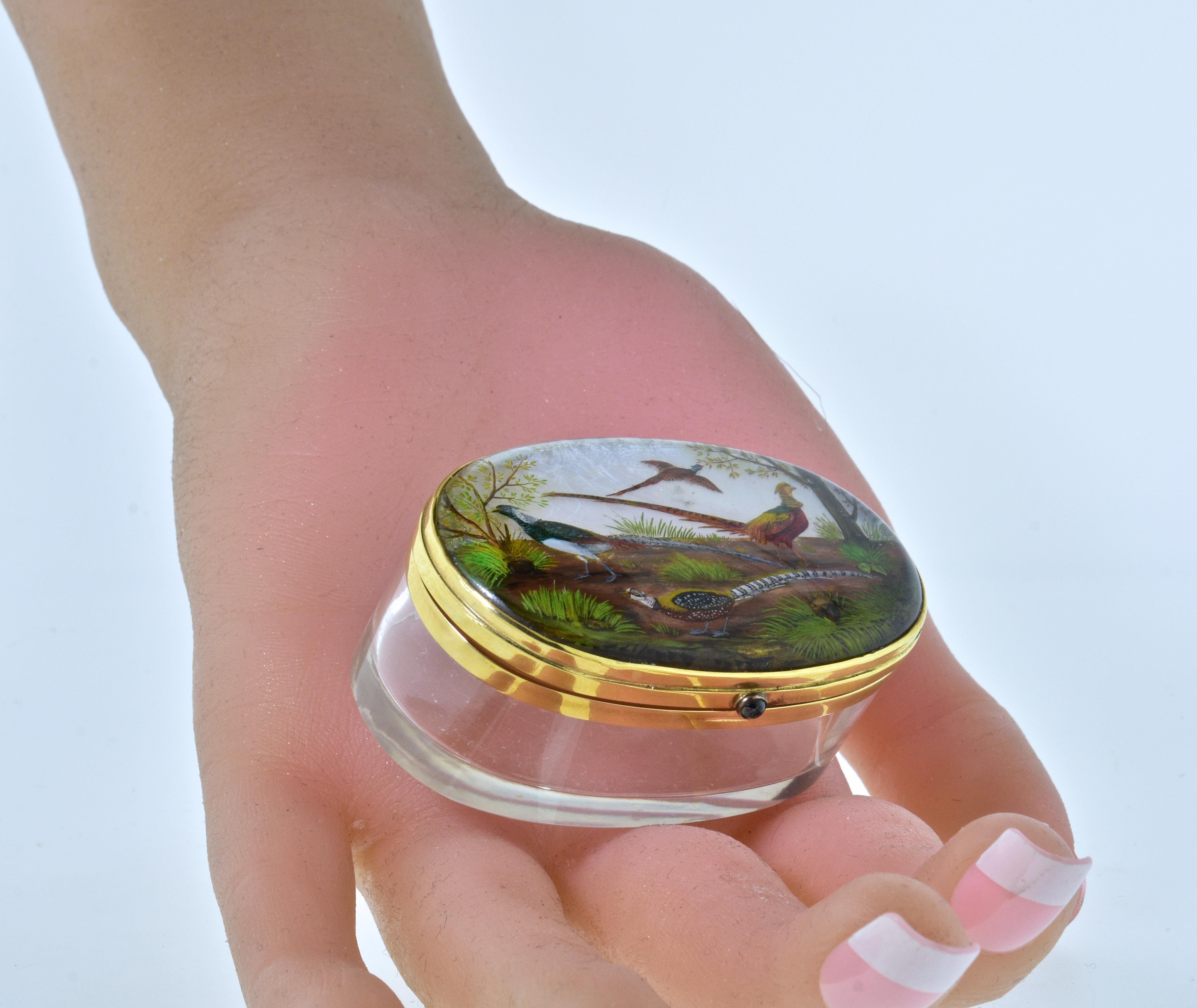 Victorian Reverse Painting under Crystal Gold Box, circa 1890
