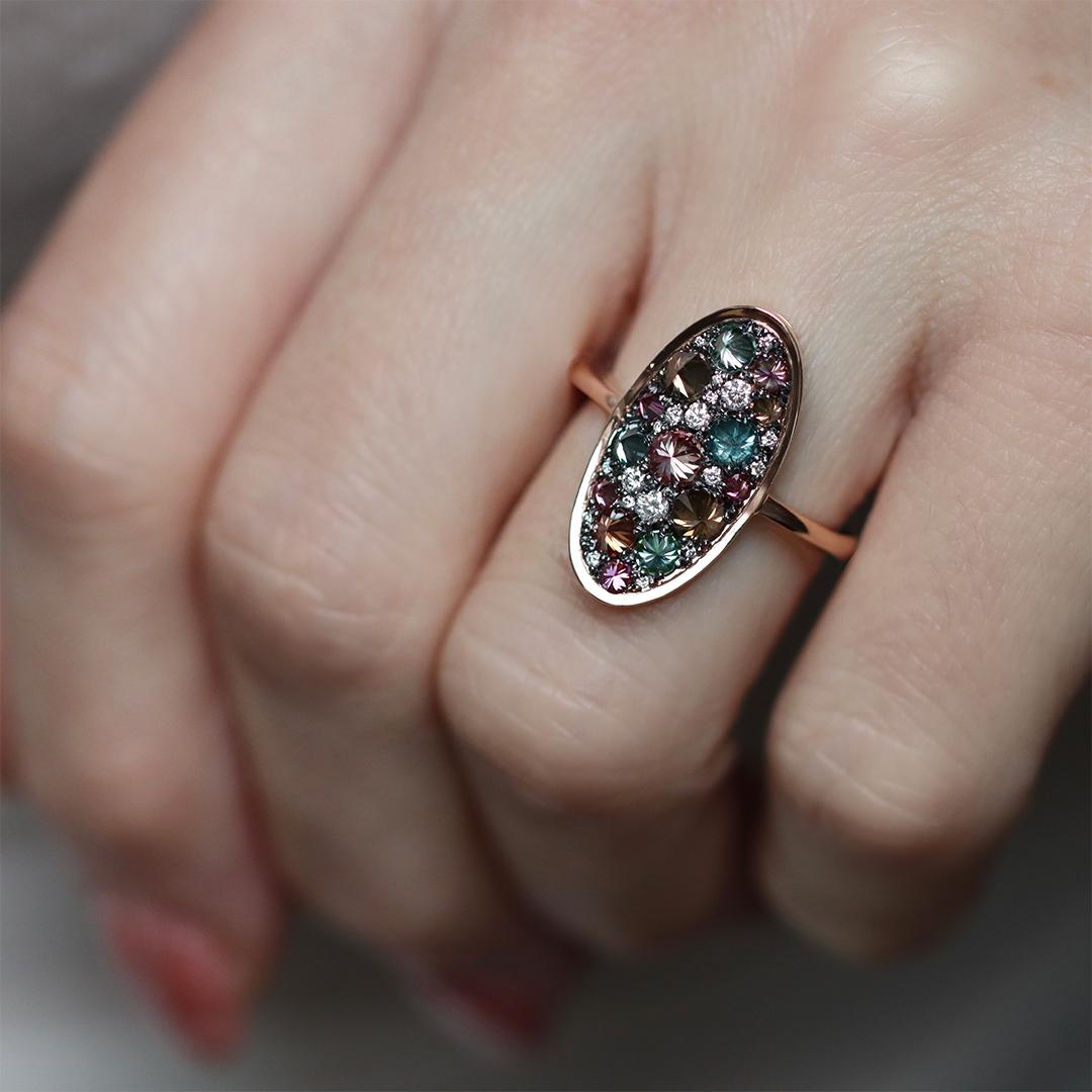 Reverse Set Purple Blue Brown White Diamond Rose Gold Pave Ring For Sale 4