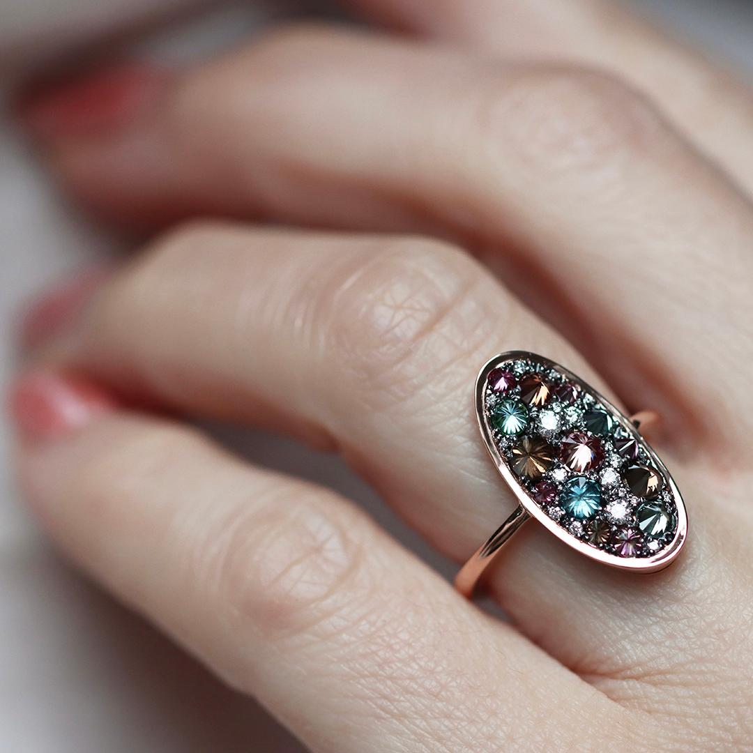Reverse Set Purple Blue Brown White Diamond Rose Gold Pave Ring For Sale 5