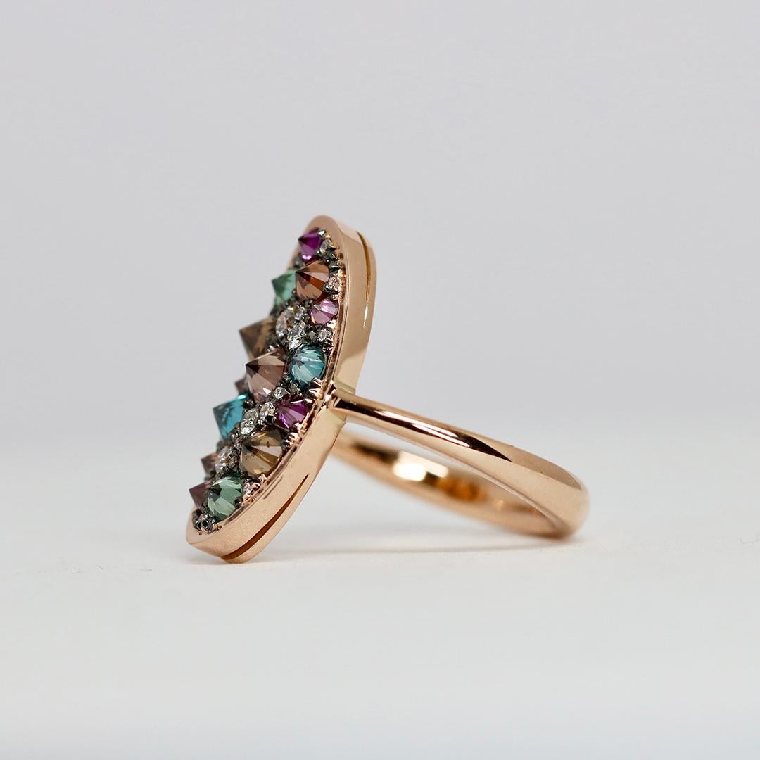 Reverse Set Purple Blue Brown White Diamond Rose Gold Pave Ring In New Condition For Sale In Antwerp, BE
