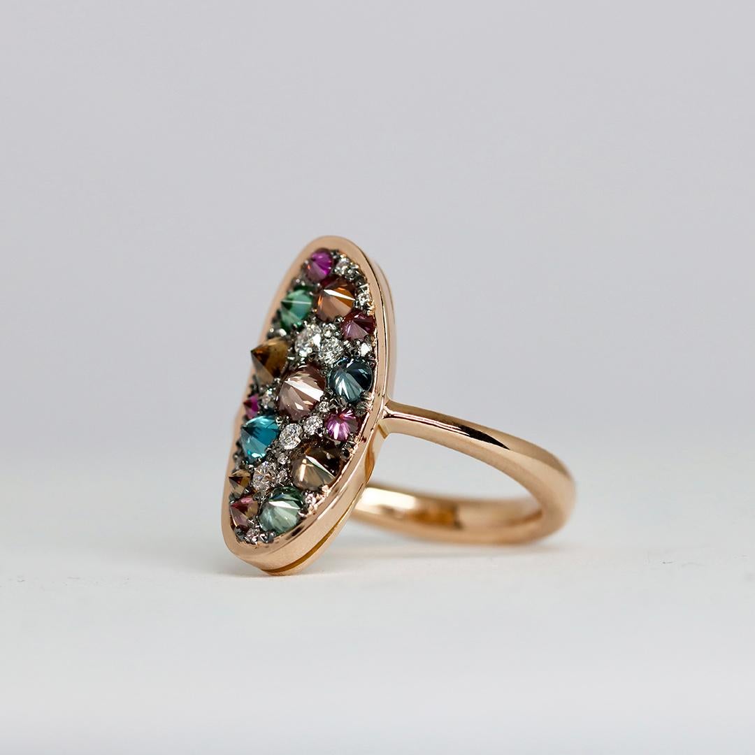 Women's Reverse Set Purple Blue Brown White Diamond Rose Gold Pave Ring For Sale