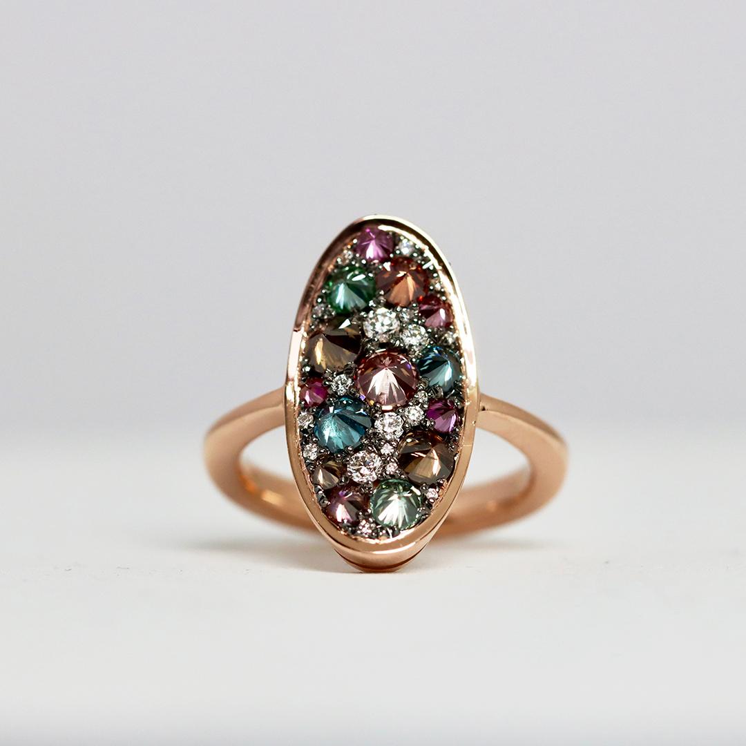 Reverse Set Purple Blue Brown White Diamond Rose Gold Pave Ring For Sale 1