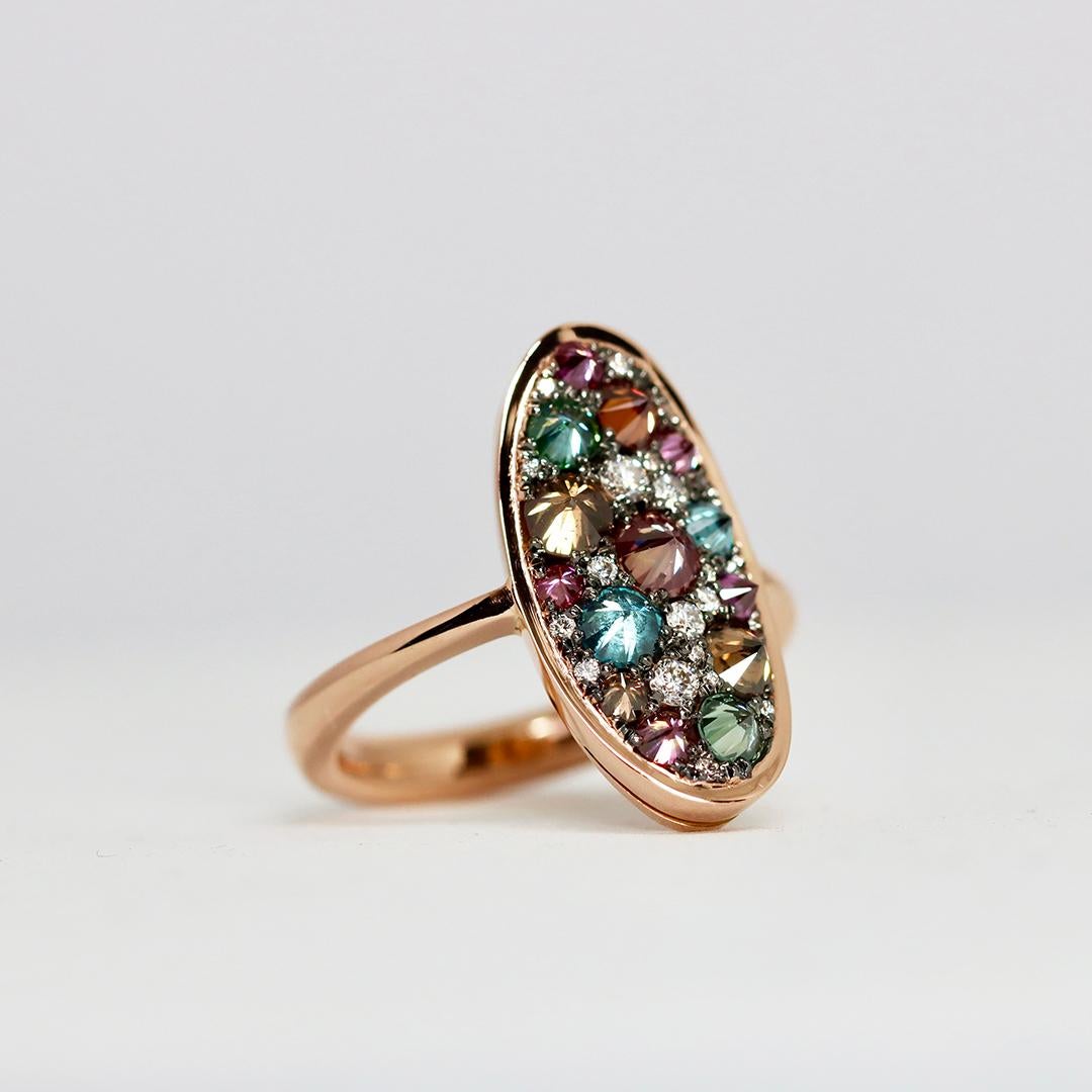 Reverse Set Purple Blue Brown White Diamond Rose Gold Pave Ring For Sale 2