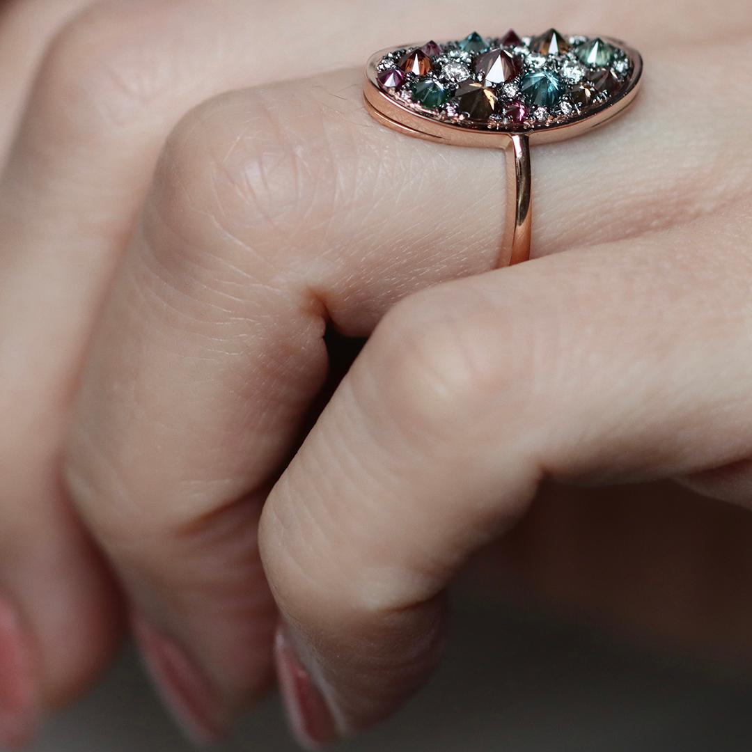 Reverse Set Purple Blue Brown White Diamond Rose Gold Pave Ring For Sale 3