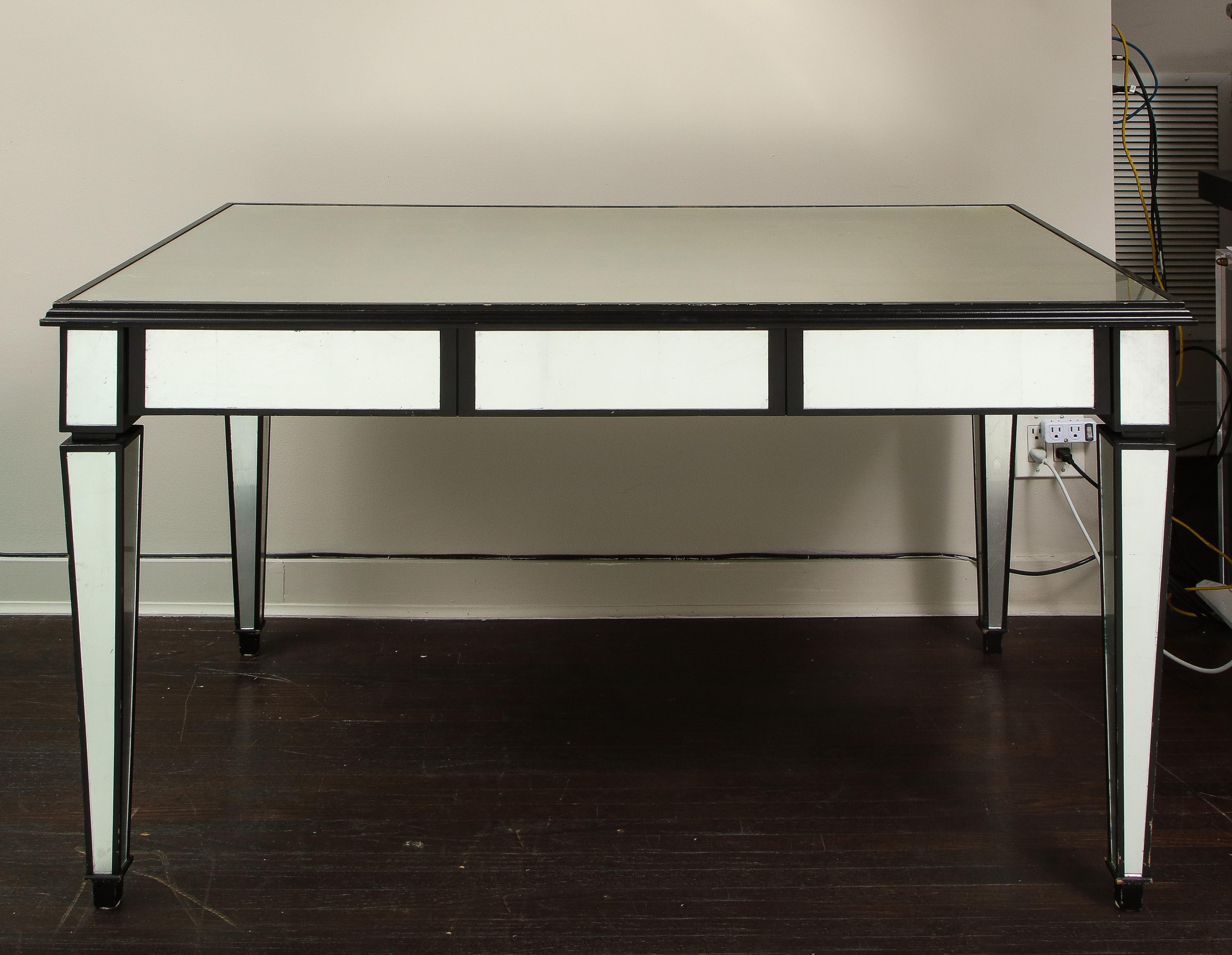 Modern Reverse Silver Leaf Glass Desk with Black Lacquer Trim