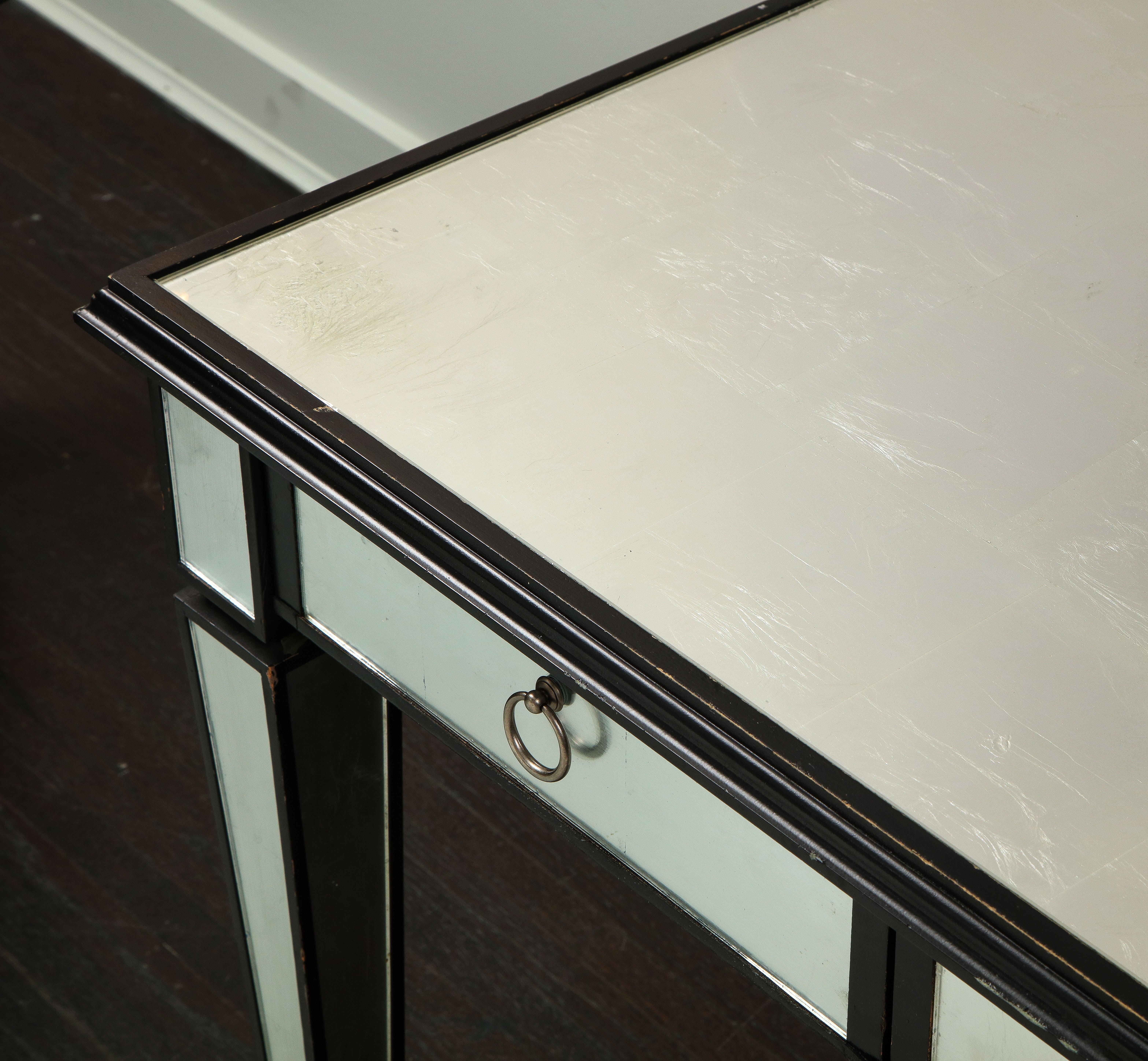 Reverse Silver Leaf Glass Desk with Black Lacquer Trim 2