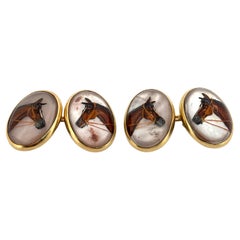 Reversed Quartz Crystal 14K Yellow Gold Painted Horse Cufflinks