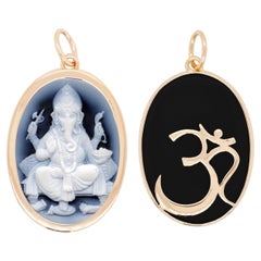 Collar Colgante Reversible Oro Amarillo 14 Kilates Ganesha Agata Cameo Om
