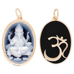 Reversible 14 Karat Yellow Gold Ganesha Agate Cameo Om Pendant Necklace