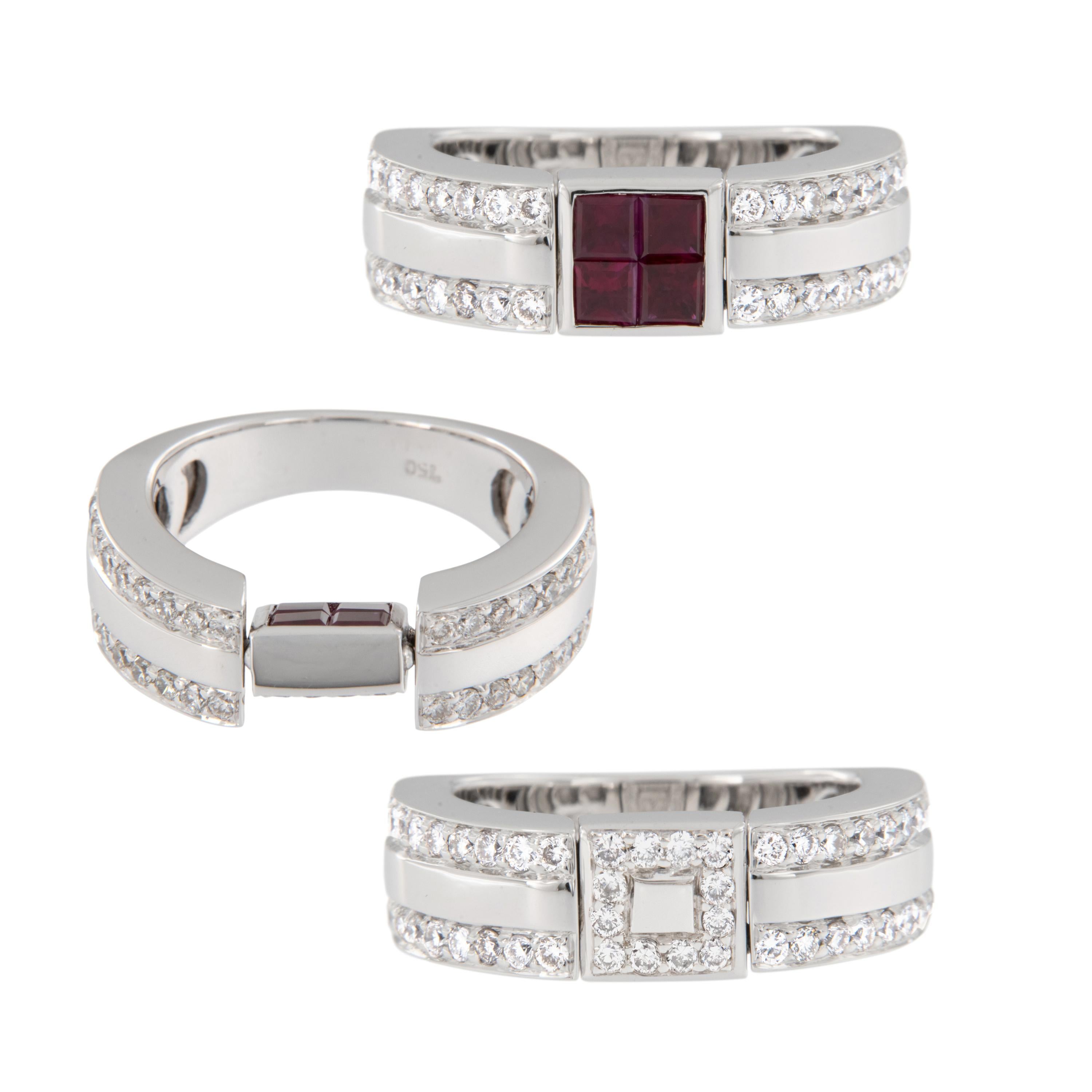 2 times the fun! Why settle for just 1 ring when you can get two for the same price? Made from 18 karat white gold this reversible ring with 0.71 Cttw diamonds & 4 rubies = 0.61 cttw comes in a size 6. Complimentary signature wrapping and