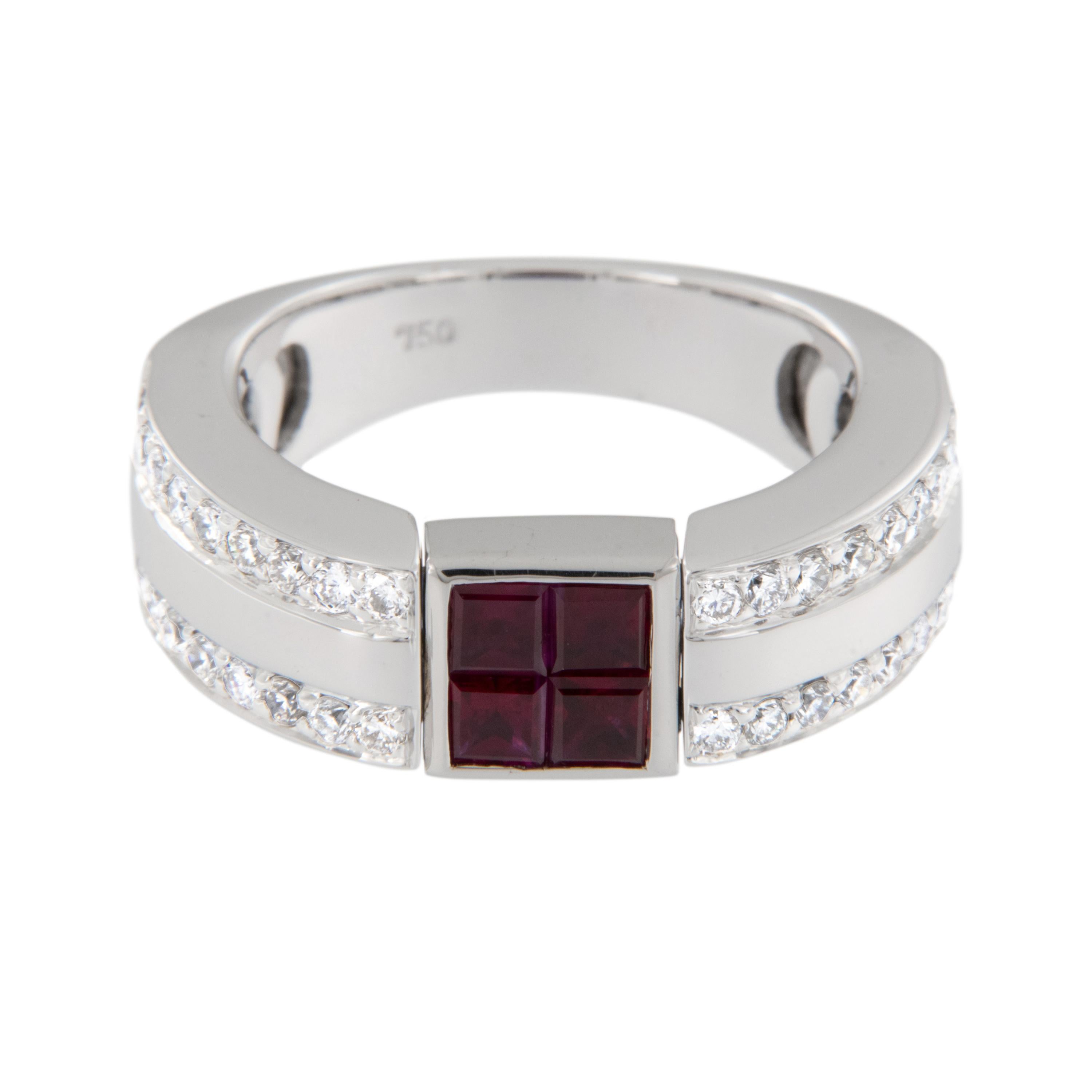 Princess Cut Reversible 18 Karat White Gold 0.61 Cttw Ruby and 0.71 Cttw Diamond Ring For Sale