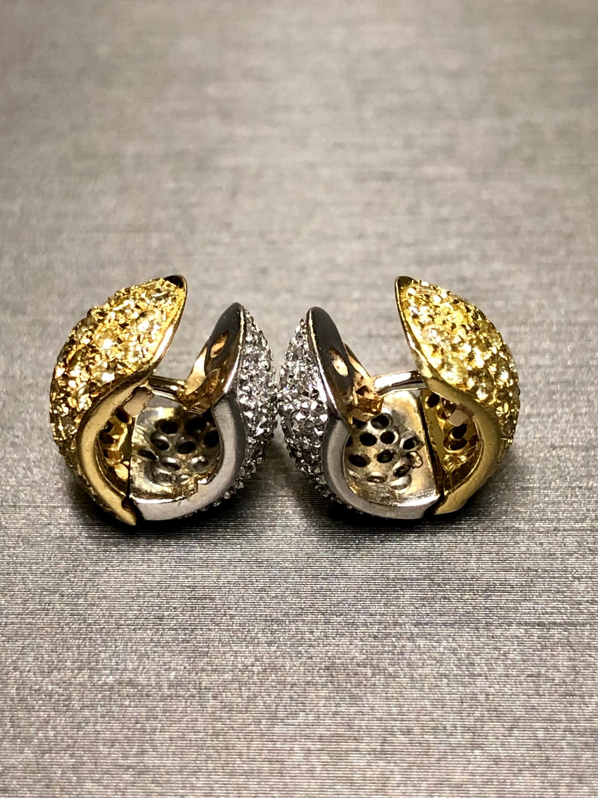 Women's or Men's Reversible 18K Platinum Fancy Yellow White Diamond Pave Huggie Earrings 2.96ctw For Sale