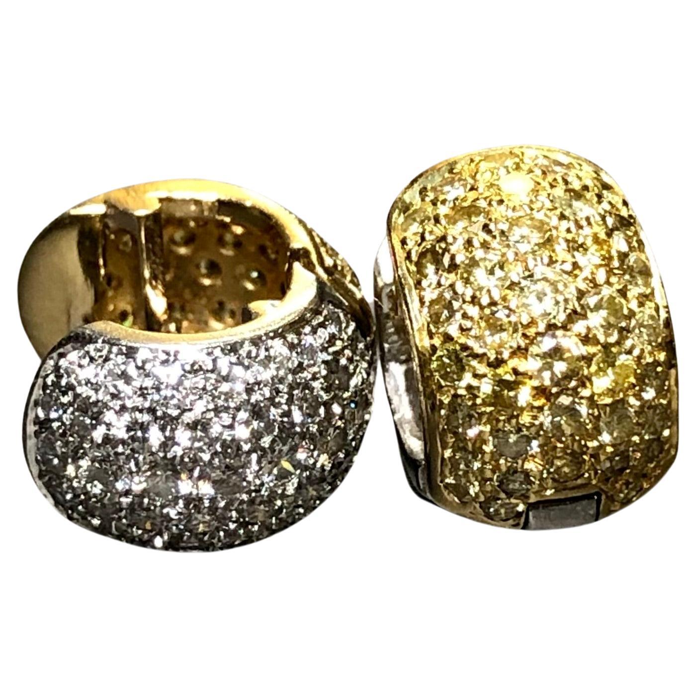 Reversible 18K Platinum Fancy Yellow White Diamond Pave Huggie Earrings 2.96ctw For Sale