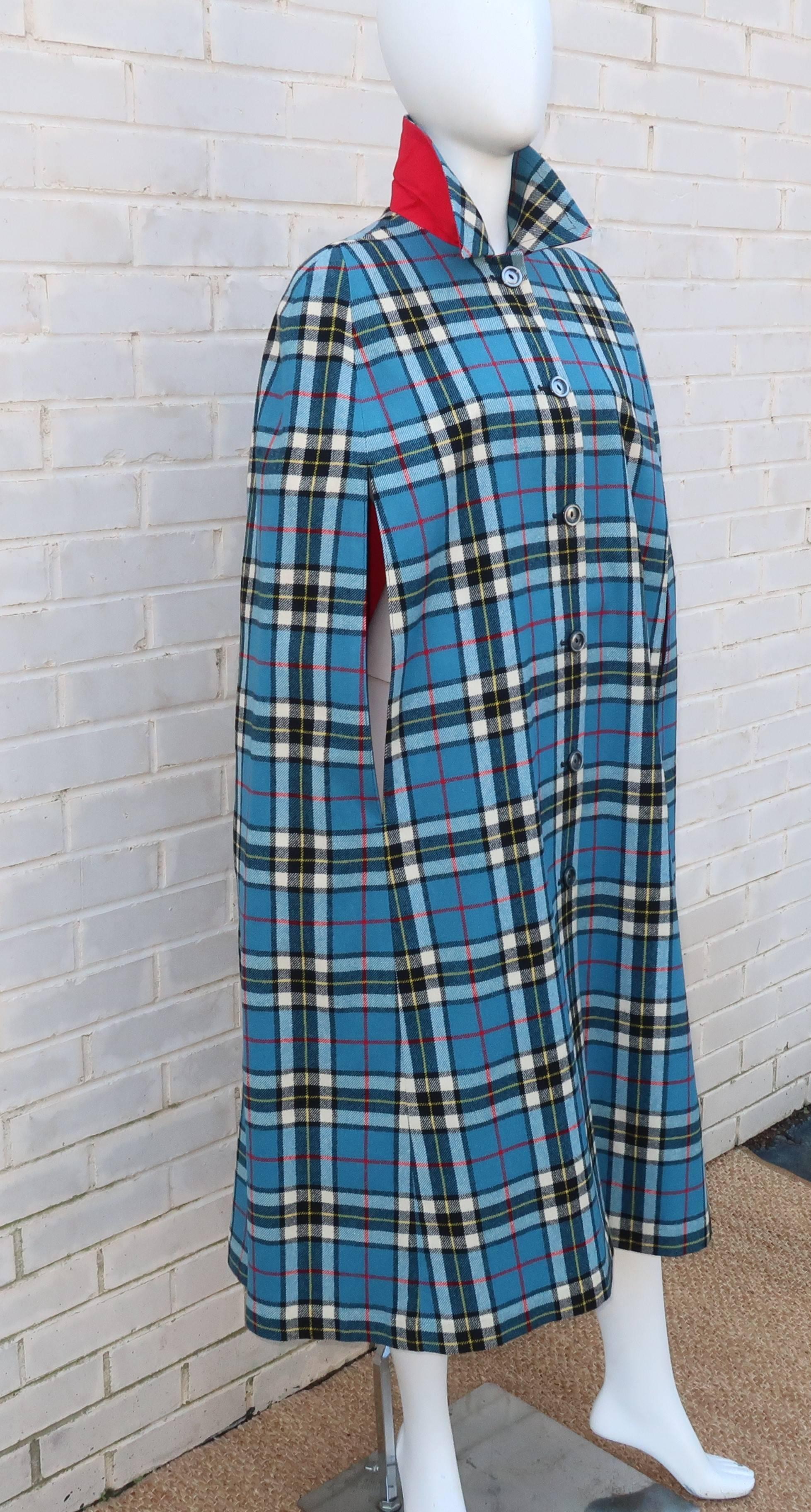 Blue Reversible 1960's Plaid Wool & Red Canvas Cape