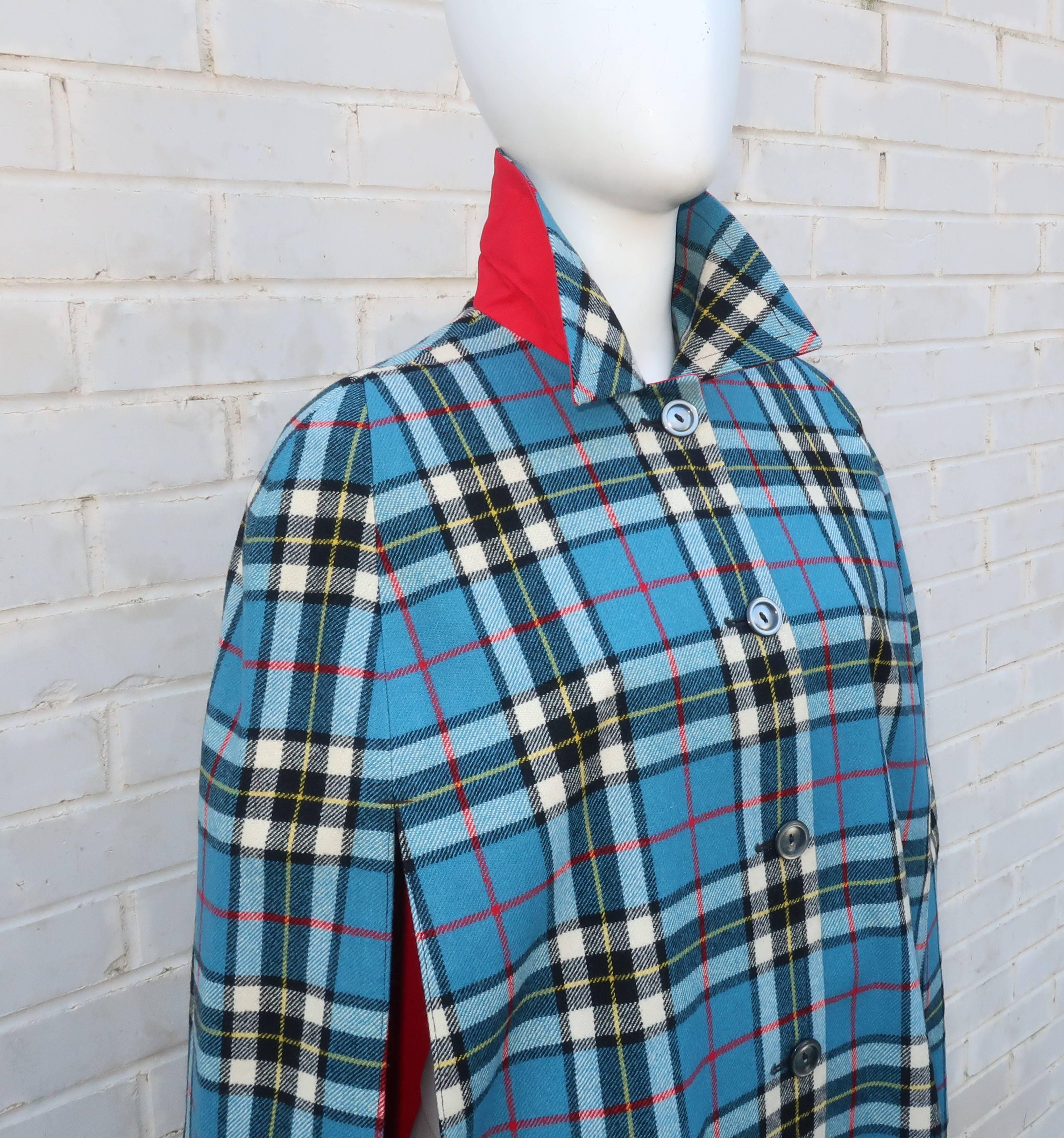 Reversible 1960's Plaid Wool & Red Canvas Cape In Excellent Condition In Atlanta, GA