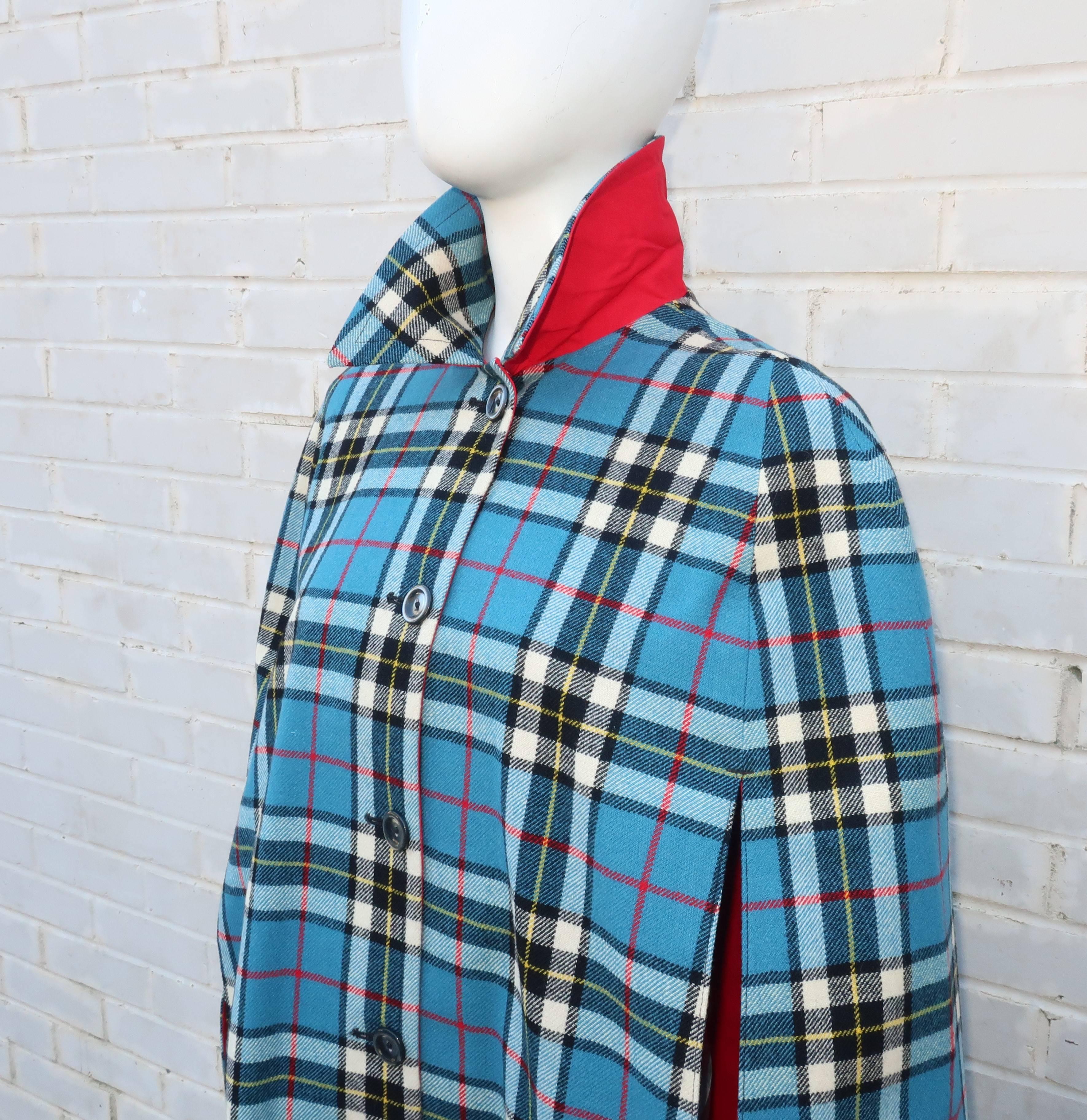 Women's Reversible 1960's Plaid Wool & Red Canvas Cape