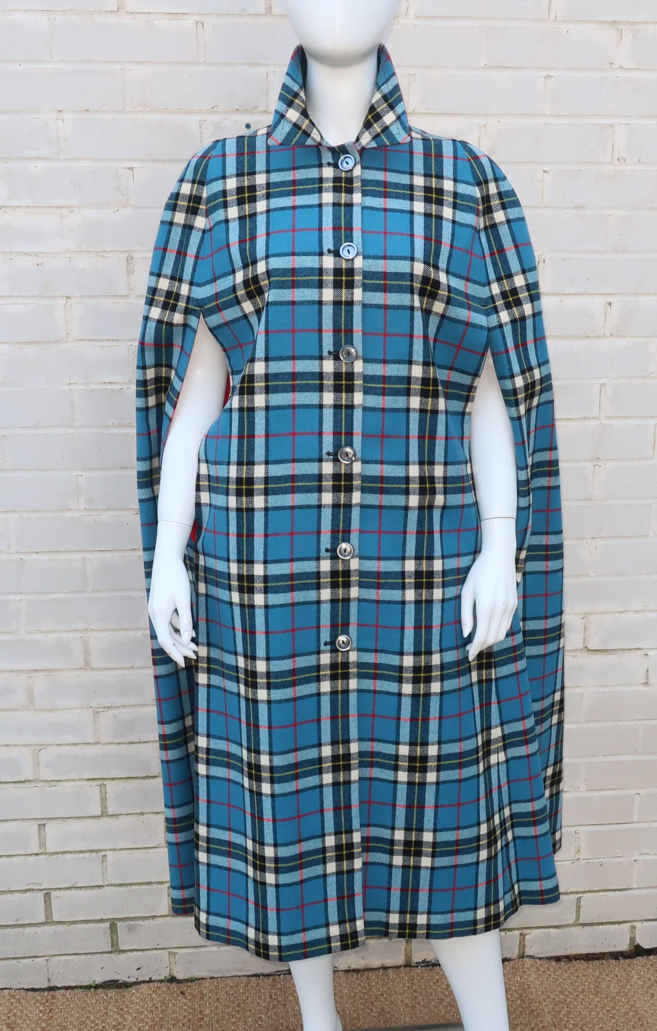 Reversible 1960's Plaid Wool & Red Canvas Cape 1