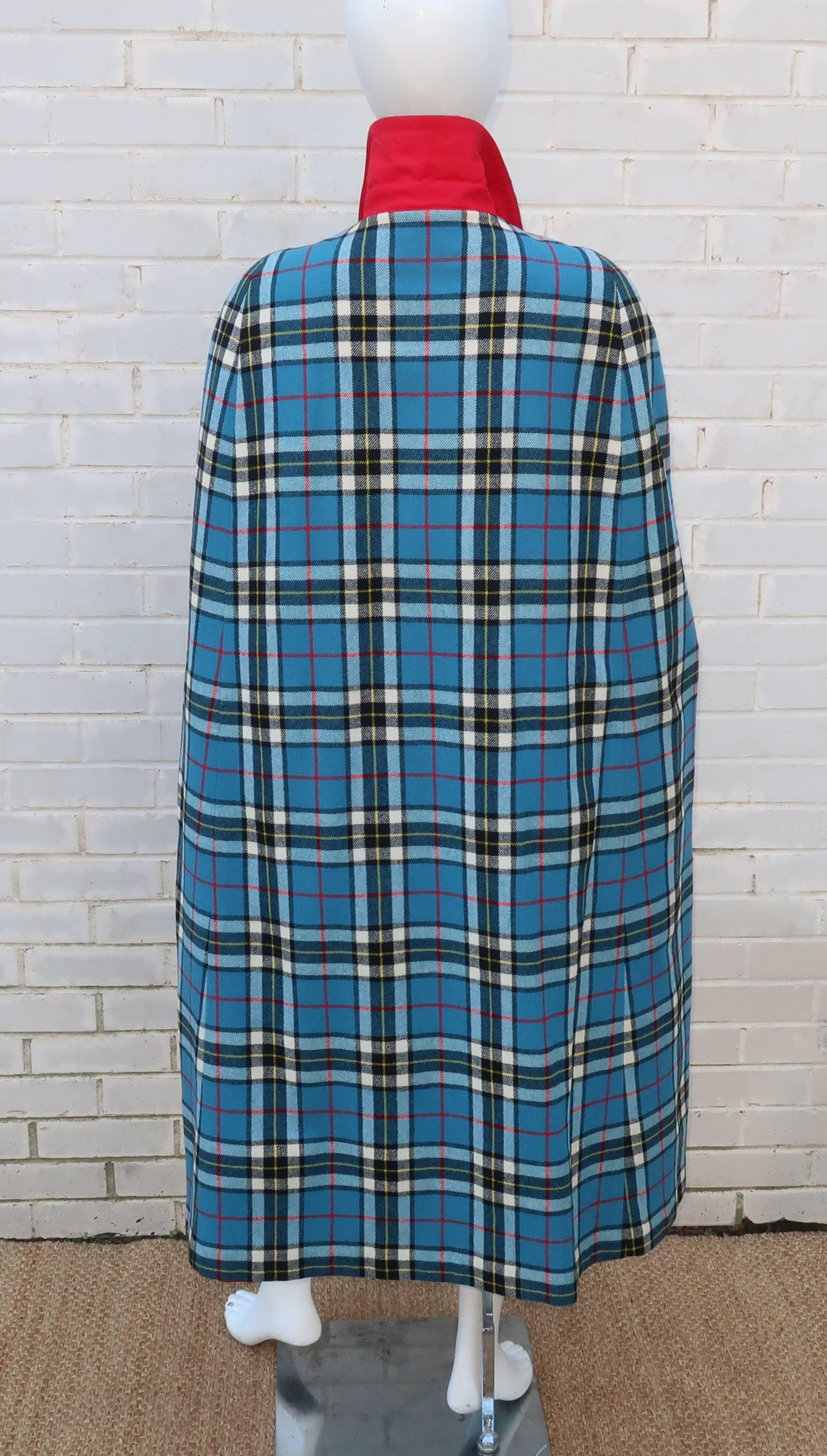 Reversible 1960's Plaid Wool & Red Canvas Cape 2