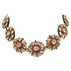 Collana indiana reversibile in oro giallo 20 e 14 carati con diamanti e rubini e smalto