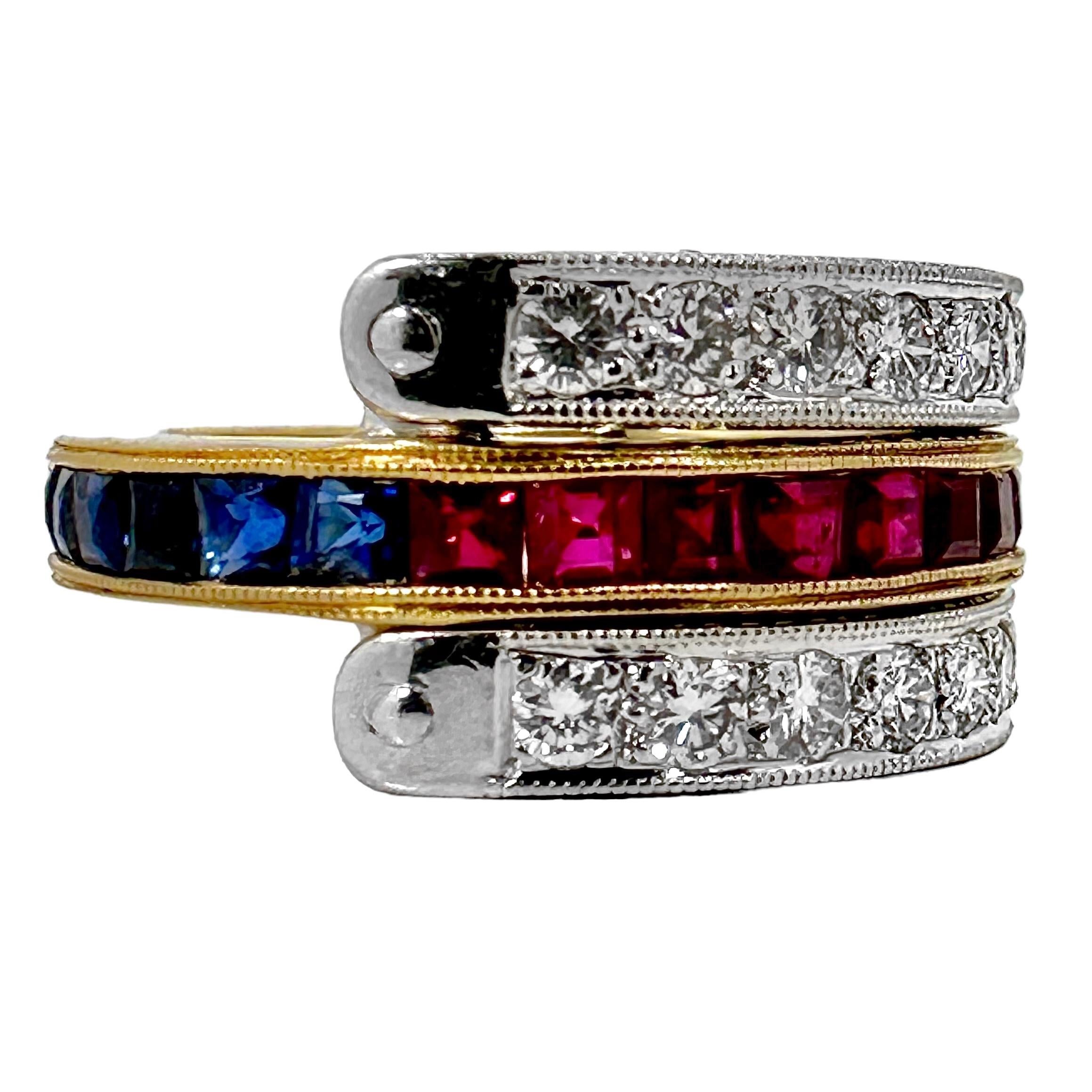 Reversible 3 Row Wide Band Style Ring with Rubies, Diamonds and Sapphires For Sale 4