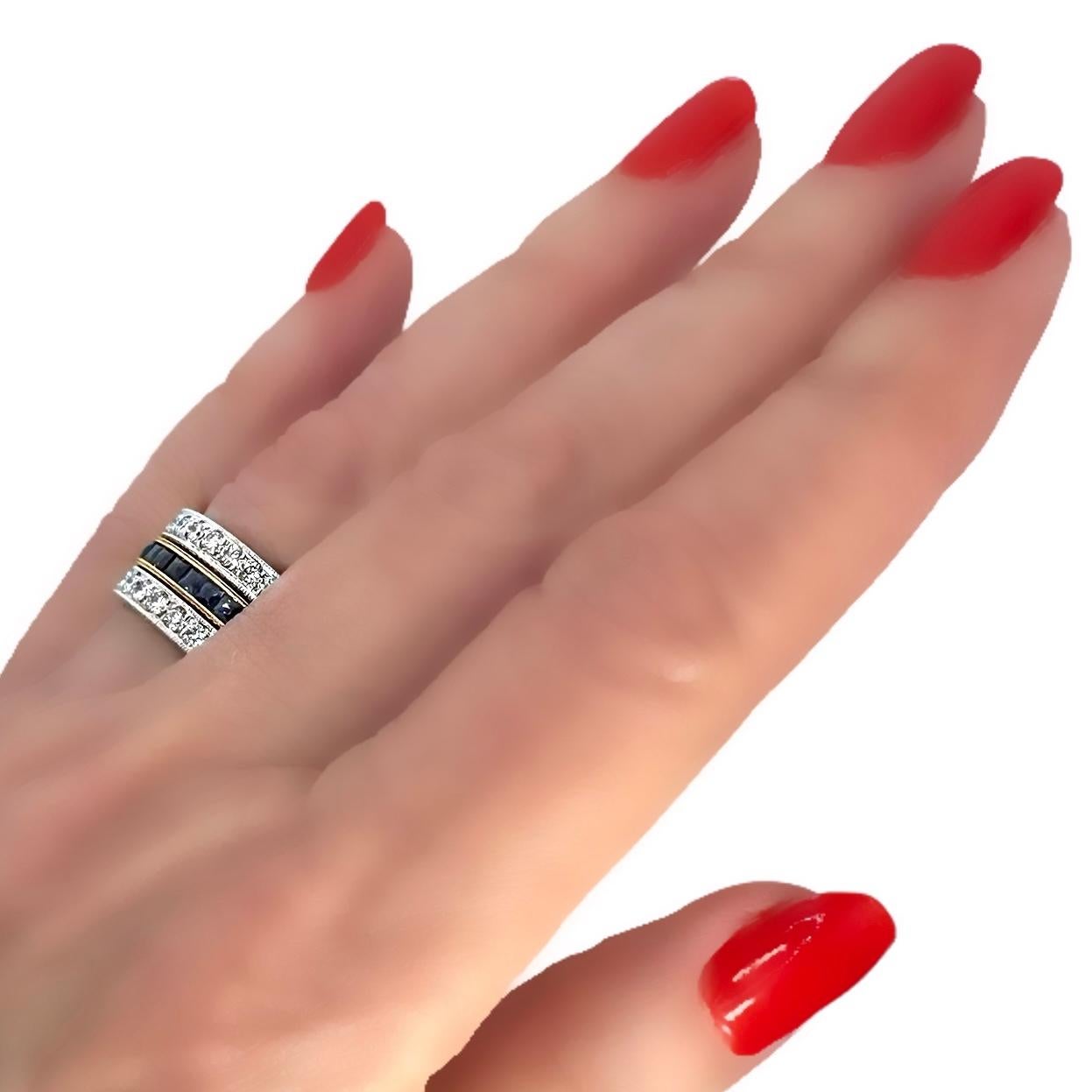 Anello reversibile a fascia larga a 3 file con rubini, diamanti e zaffiri in vendita 8
