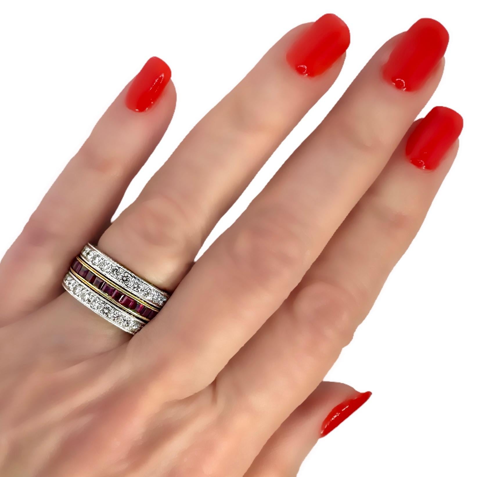 Anello reversibile a fascia larga a 3 file con rubini, diamanti e zaffiri in vendita 10