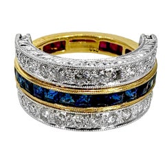 Reversible 3 Row Wide Band Style Ring with Rubies, Diamonds and Sapphires