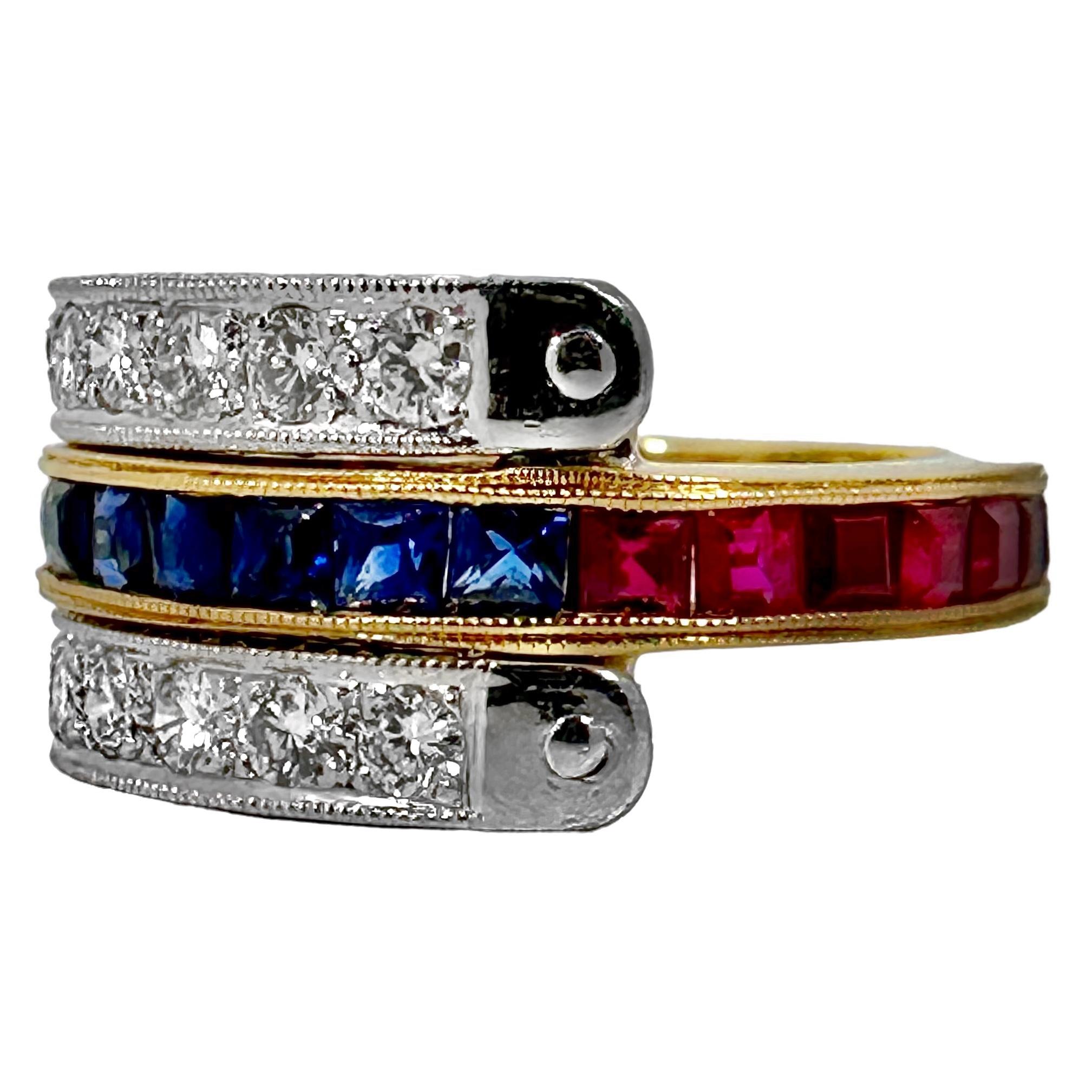 Modern Reversible 3 Row Wide Band Style Ring with Rubies, Diamonds and Sapphires For Sale