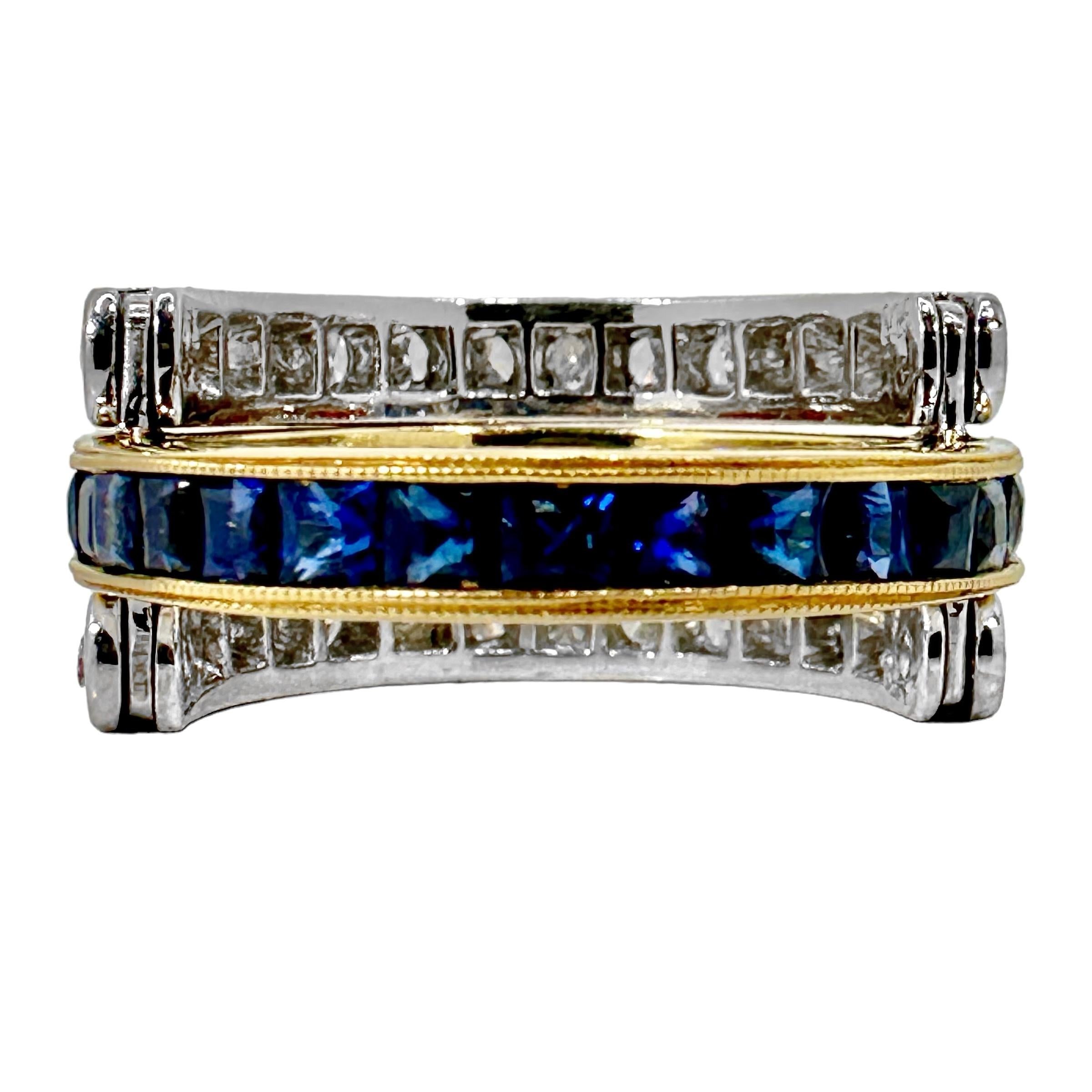 Brilliant Cut Reversible 3 Row Wide Band Style Ring with Rubies, Diamonds and Sapphires For Sale