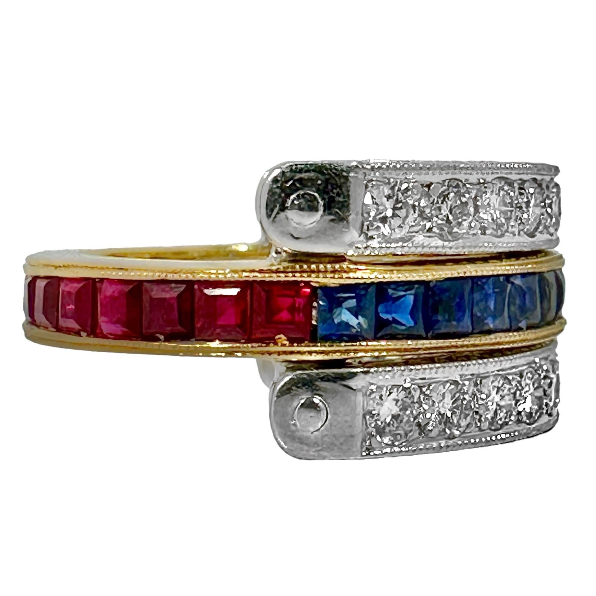 Reversible 3 Row Wide Band Style Ring with Rubies, Diamonds and Sapphires In Excellent Condition For Sale In Palm Beach, FL