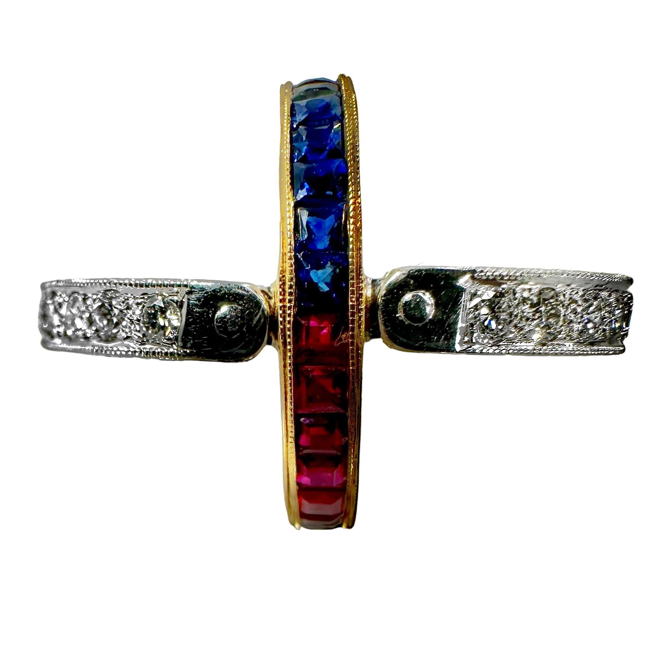 Women's Reversible 3 Row Wide Band Style Ring with Rubies, Diamonds and Sapphires For Sale