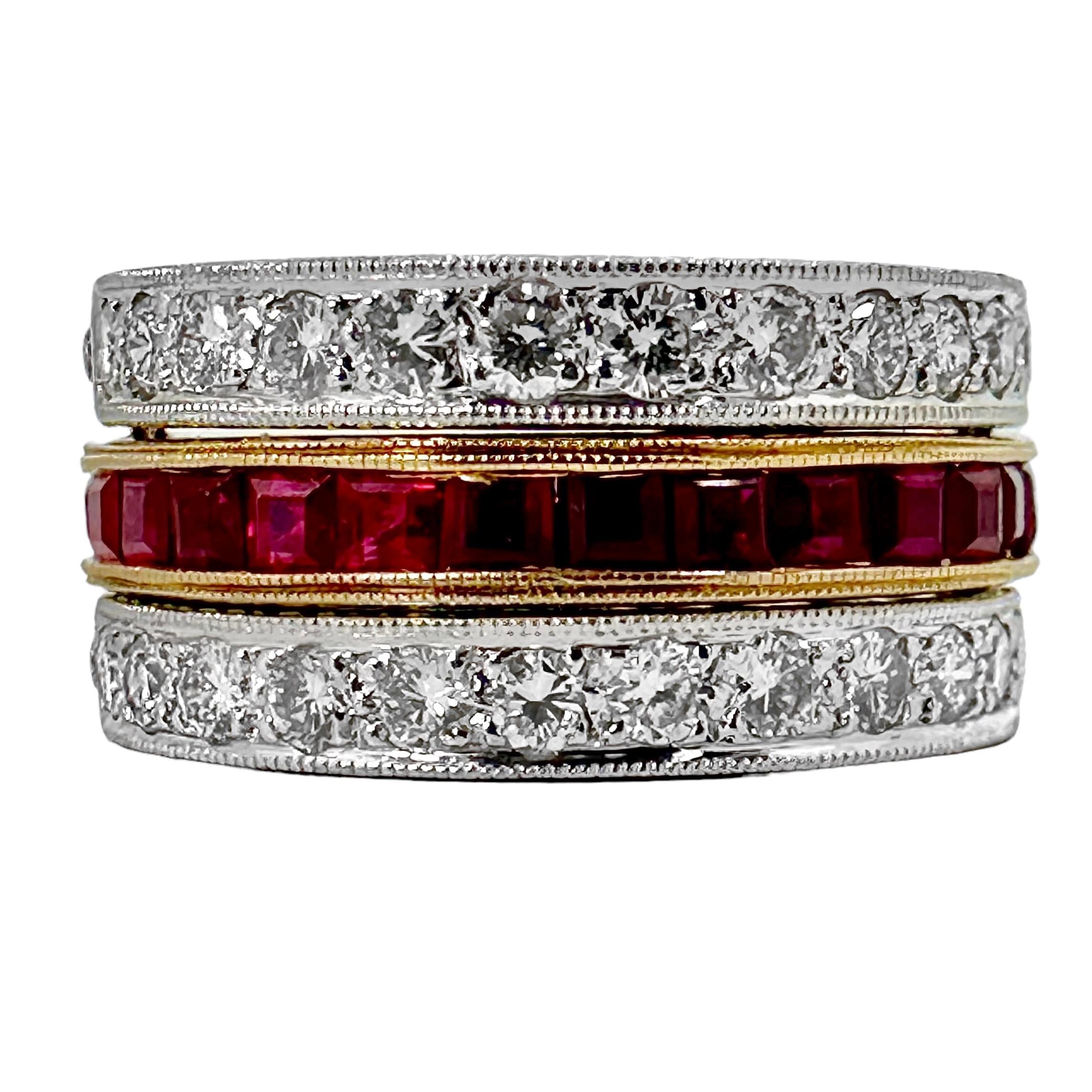 Reversible 3 Row Wide Band Style Ring with Rubies, Diamonds and Sapphires For Sale 1